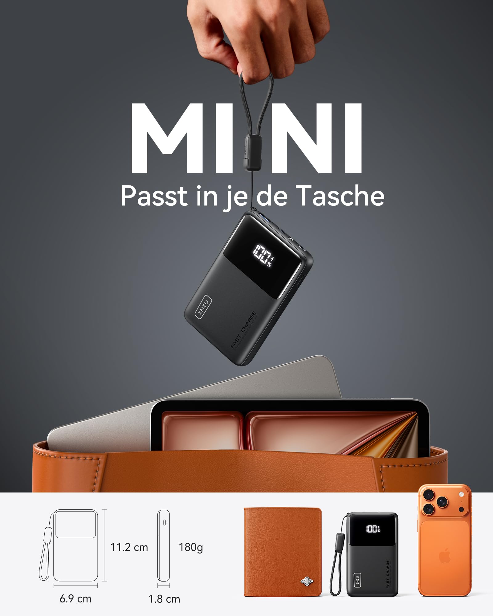 INIU Mini Power Bank, 10000mAh 45W Schnellladefunktion Powerbank mit USB C Kabel, Klein Externe Handyakkus für Reise Gadgets, Flight-Safe Ladegerät für iPhone 17 16 15 Pro Max Samsung S25 S24 etc