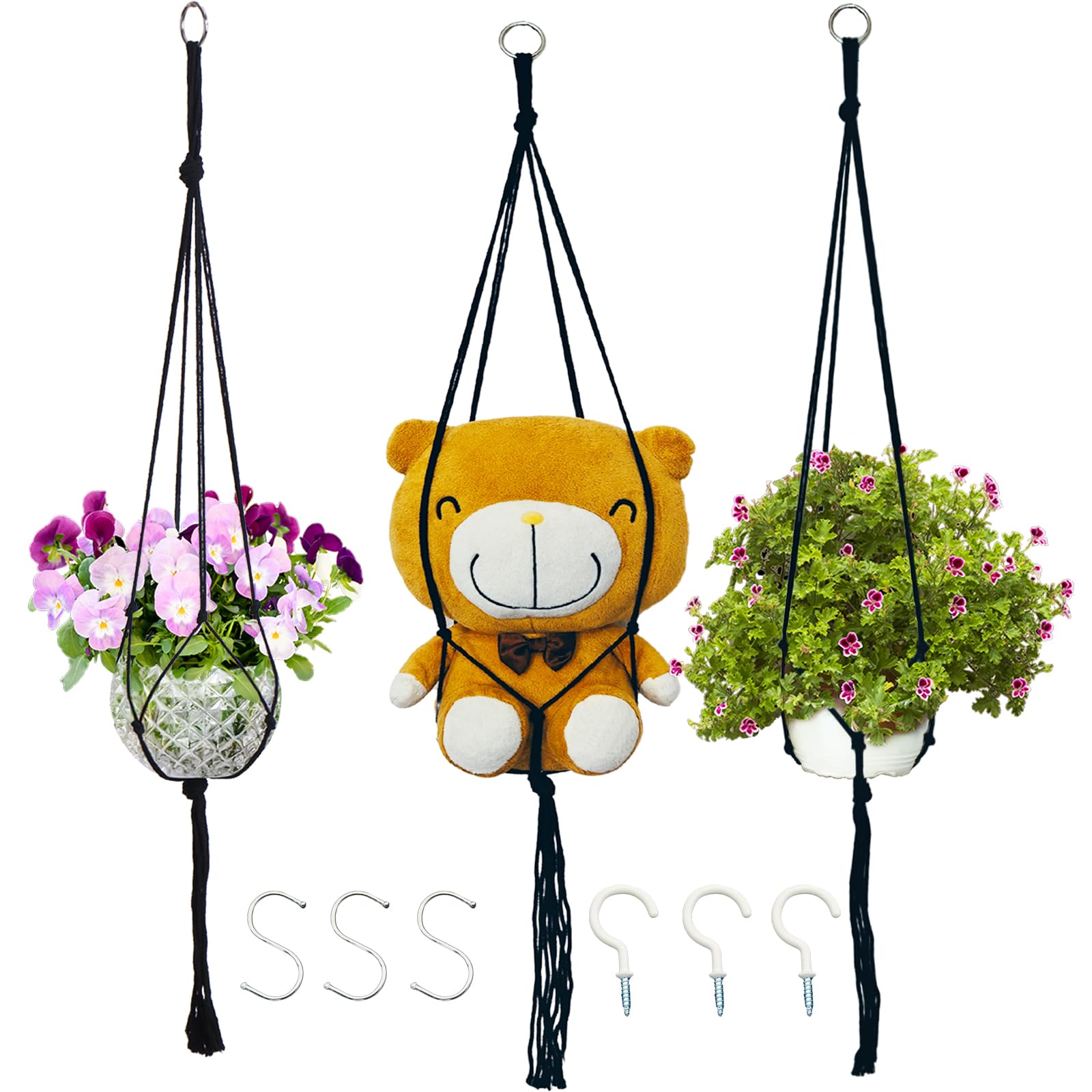 Macrame Plant Hangers Planter Flower Pots Holder 3 Pack Basket Stand Tassels with 6 Hooks Kit Cotton Rope for Decorative Indoor Outdoor Patio Garden