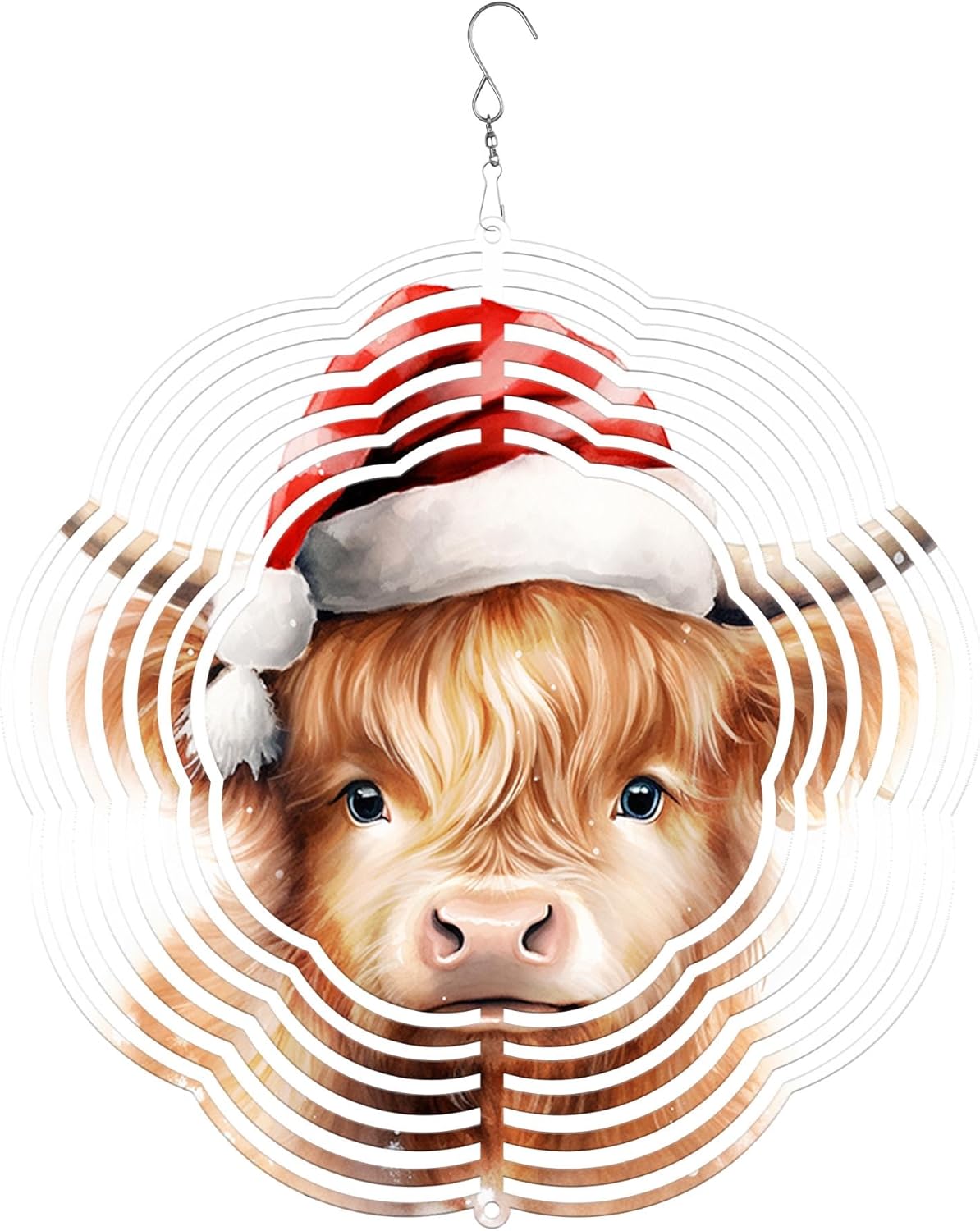 Highland Cow Red Hat Christmas Wind Spinner 3D Stainless Steel Laser Cut Metal Double Sided Printing-Hanging Indoor/Outdoor Decorations Yard Gardening Decor,Metal Kinetic Art (14x14 inches)