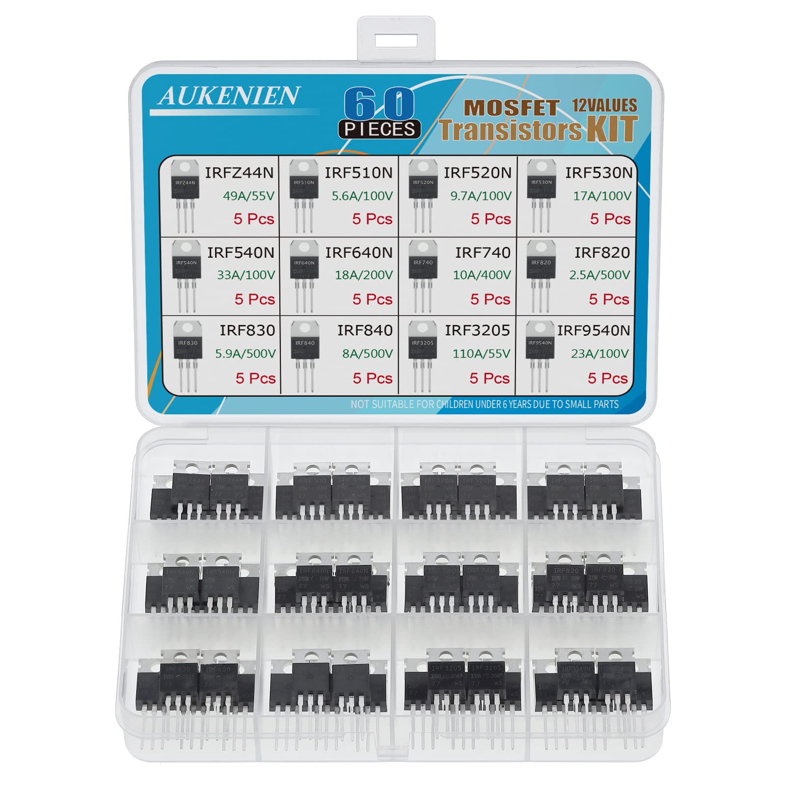 AUKENIEN Mosfet Transistor Kit 12 Values 60pcs IRFZ44N IRF510N IRF520N IRF530N IRF540N IRF640N IRF740 IRF820 IRF830 IRF840IRF3205IRF9540N TO-220 IRF Mosfet Power Transistors