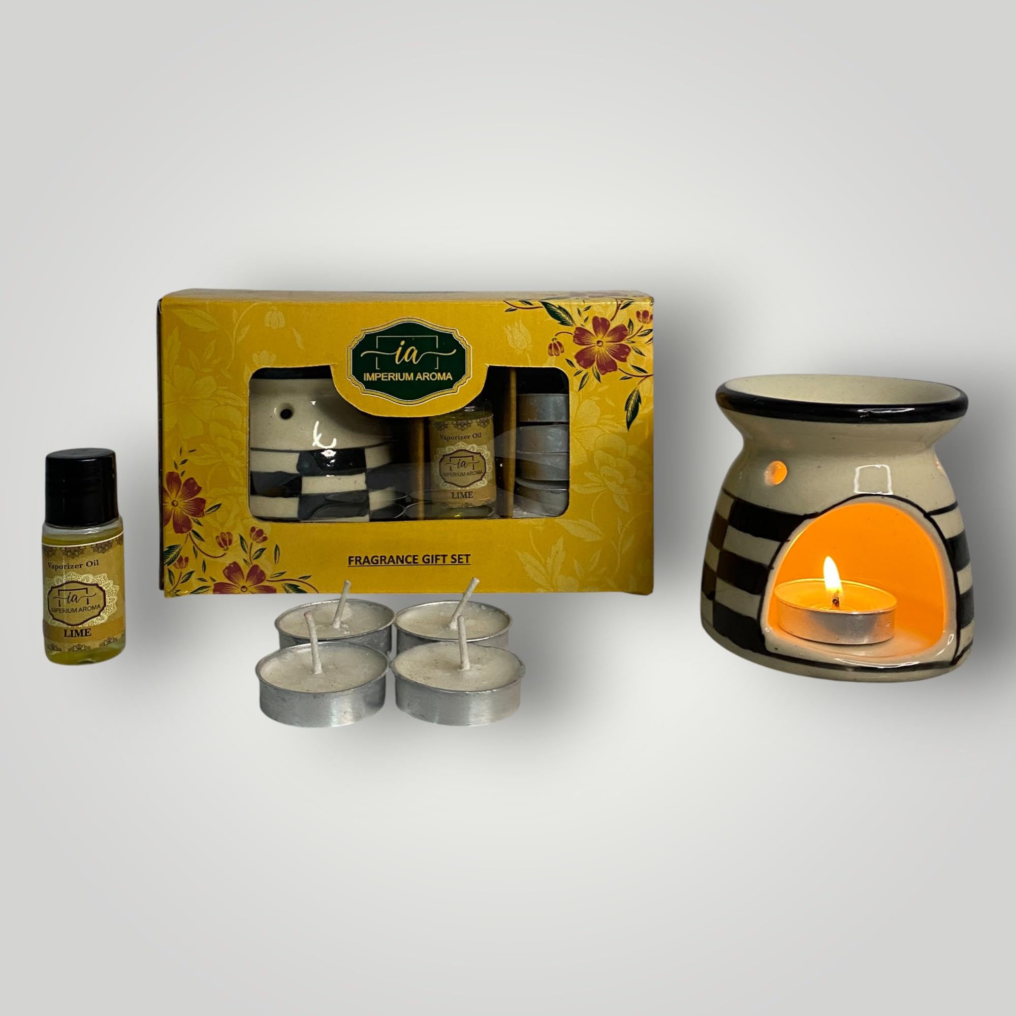 - Ceramic Oil Burner Gift Set | Includes 4 Tealights, Vaporizer Oil, Ceramic Vaporizer Pot Floral Design Painted | Aroma Diffuser for Home & Office Decor Fragrance (Lime)