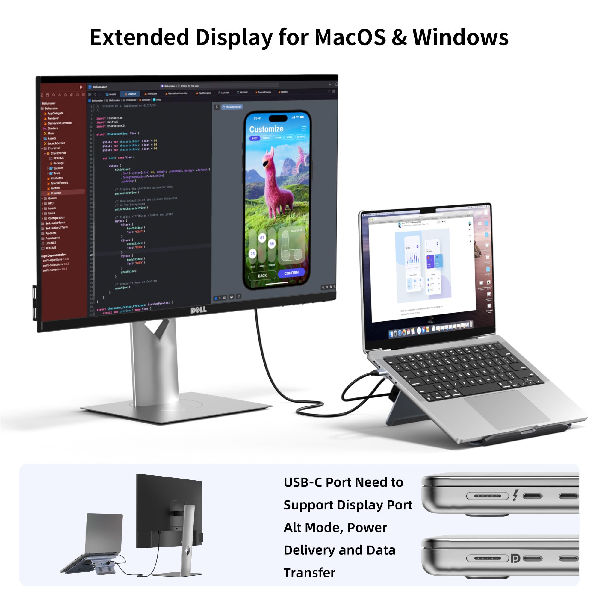 Station d'accueil pour ordinateur portable pour bureau, hub USB C 6 en 1, HDMI 4K60Hz, PD 100 W, 3 concentrateurs USB 3.0, Gigabit Ethernet, support réglable en aluminium pour MacBook Air/Pro/Surface