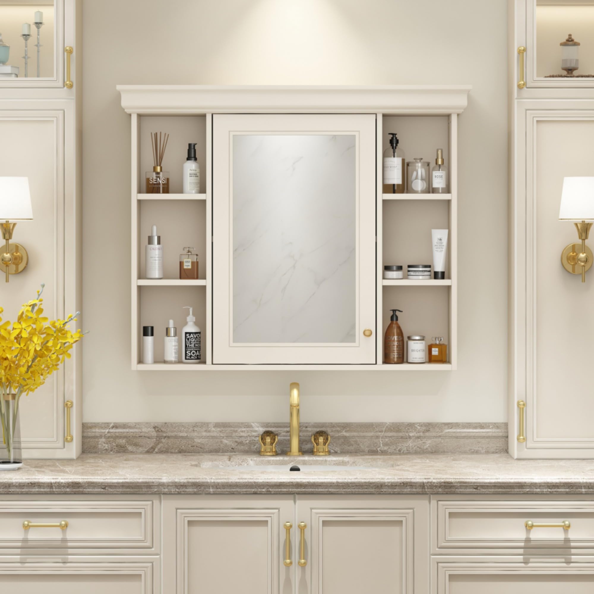 WEALTHOUSE 36'' Bathroom Vanity Set, Adjustable Storage Shelf, Painted MDF Frame, Freestanding Bathroom Storage Cabinet with 4 Drawers and Solid Resin Sink, for Bathrooms (Beige,Medicine Cabinet)