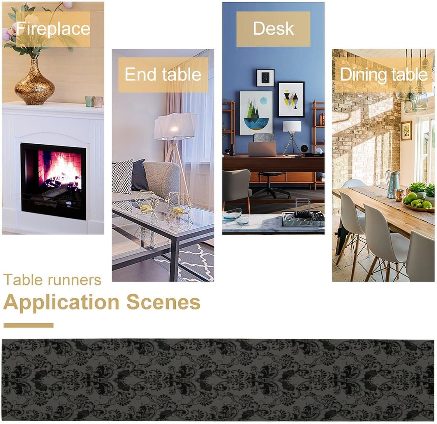 Black Damask Table Runner, Bats Skull Gothic Antique Victorian Black Floral Bohemian Exotic Table Runner for Home Kitchen Dining Table Party Holiday Decor, 13x90inch