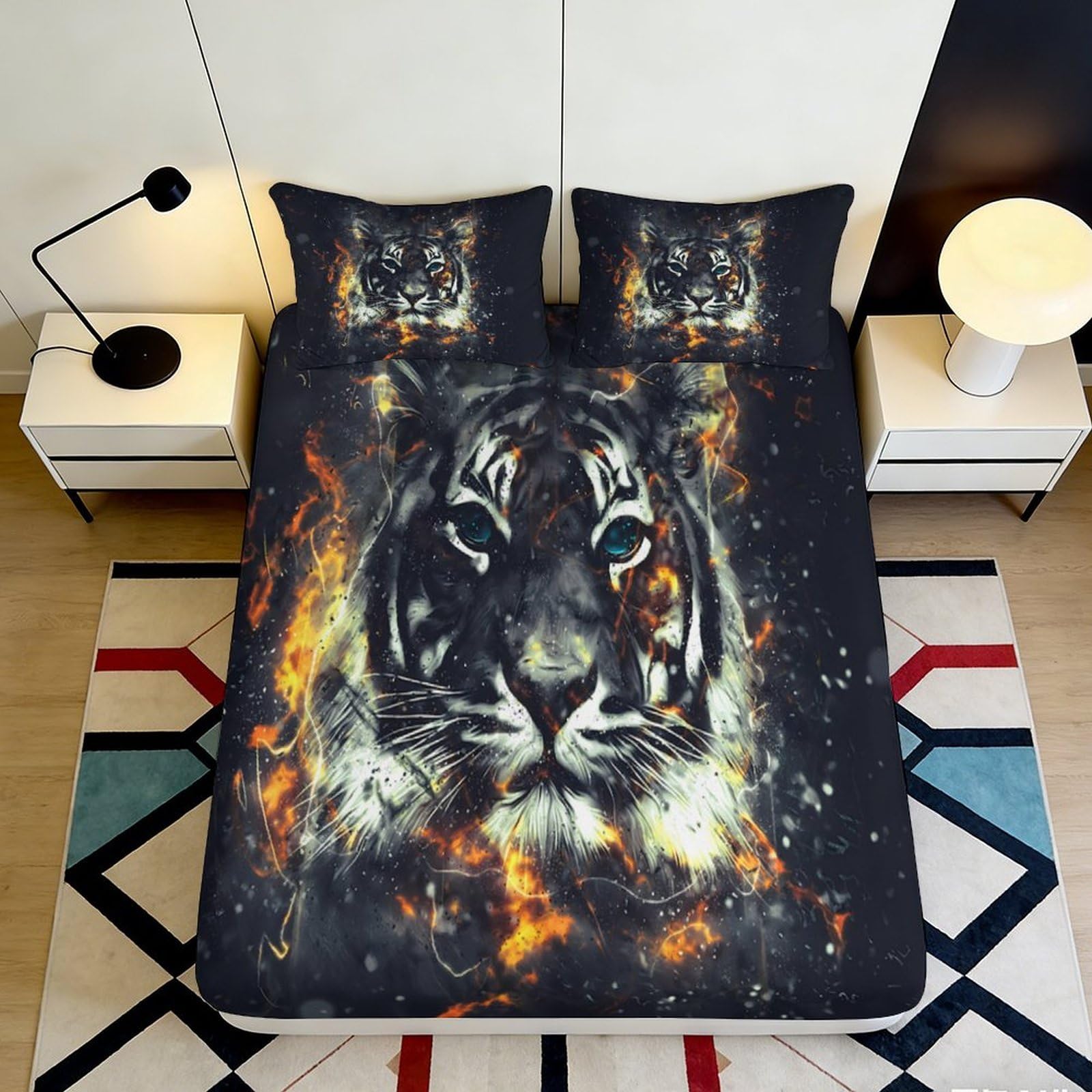 3D Printed Fire Tiger Fitted Sheet Microfiber Soft Breathable Wild Animal Bed Cover for Bedroom Dorm Decor Mattress Protection 140x200x25cm