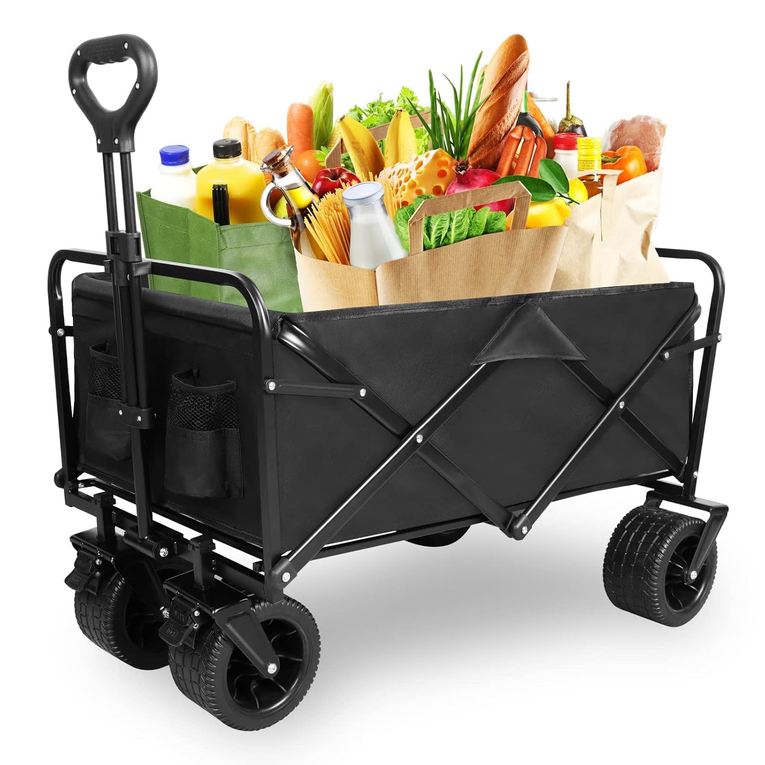 Heavy Duty Foldable Wagon Cart with Silent Universal Wheels, Collapsible Utility Trolley for Camping, Grocery Shopping, Garden, Picnic and Beach Use, Large Capacity Outdoor Wagon Black-image-24