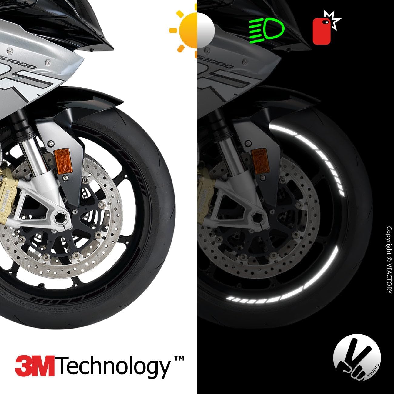 VFLUO - Motorcycle GP Reflective Wheel Stripes kit, 1 Wheel Rim Stickers Pack, 3M Technology™ - High Lateral Visibility - Discreet & Design - Easy installation