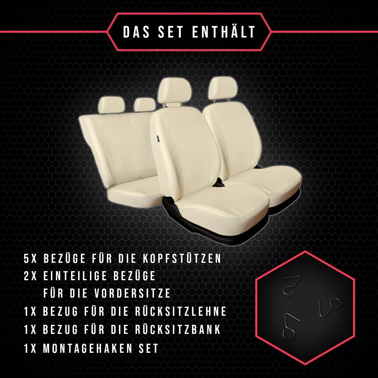 3er Set Autositzbezüge PKW universal | Auto Sitzbezüge Kunstleder Beige für Airbag geeignet | für Vordersitze und Rückbank | 1+1 Autositze vorne und 1 Sitzbank hinten teilbar Reißverschlüsse