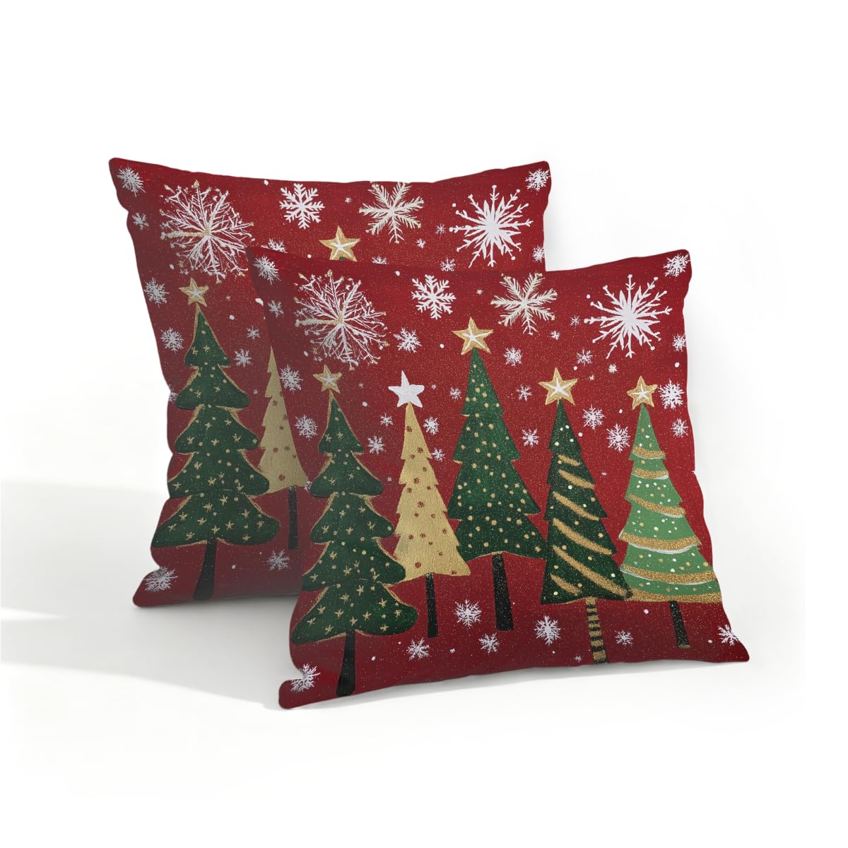 Outdoor Pillow Covers Waterproof Pillowcases 16x16IN Set of 2 Christmas Tree Stars On Red Decorative Throw Cushion Case for Couch Sofa Garden Patio Furniture