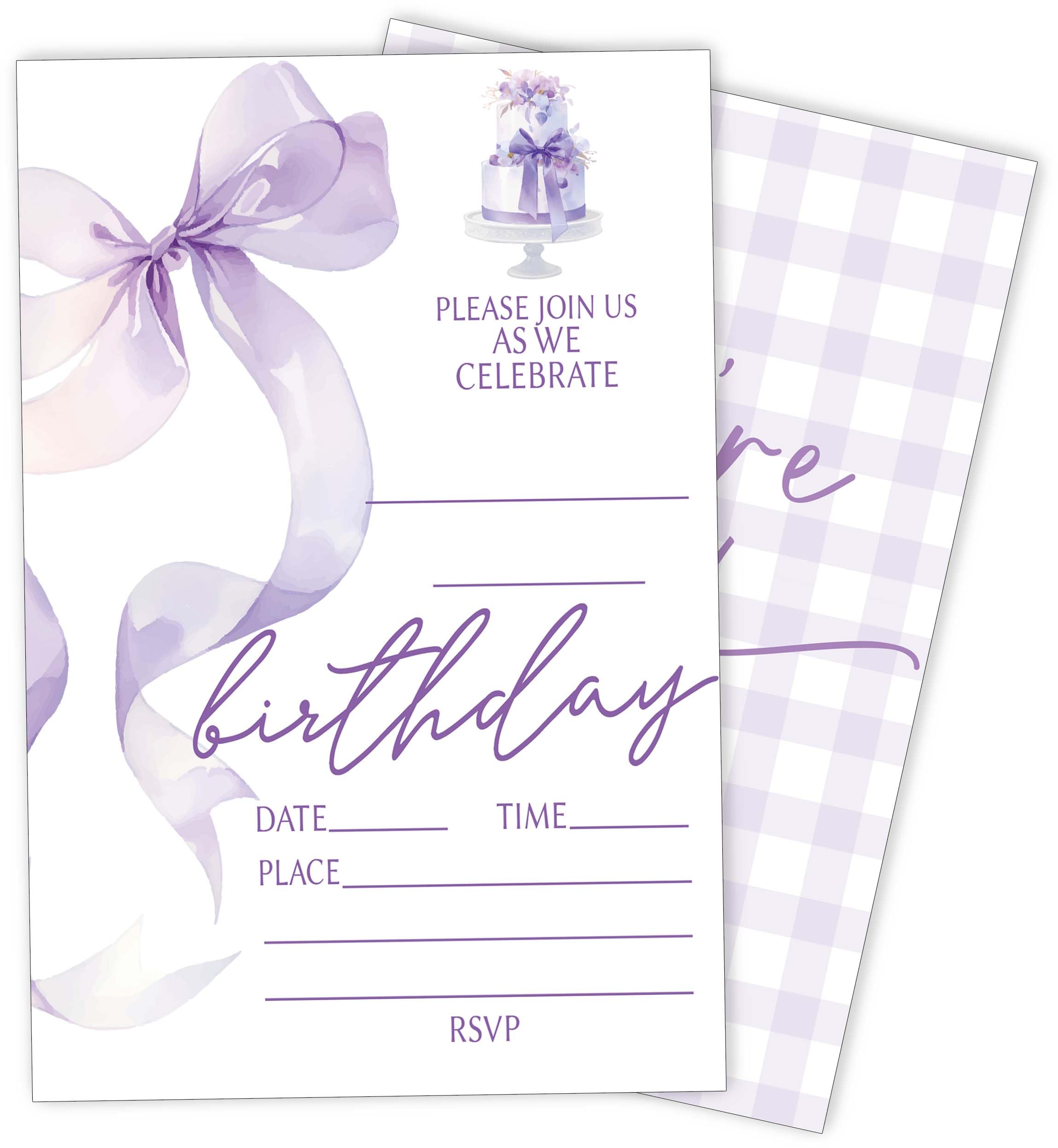 Eronm Purlpe Bow Birthday Party Invitations- 20 Pack Girls Birthday Invite with Envelopes- Cute Birthday Party Invitation Cards for Kids- Party