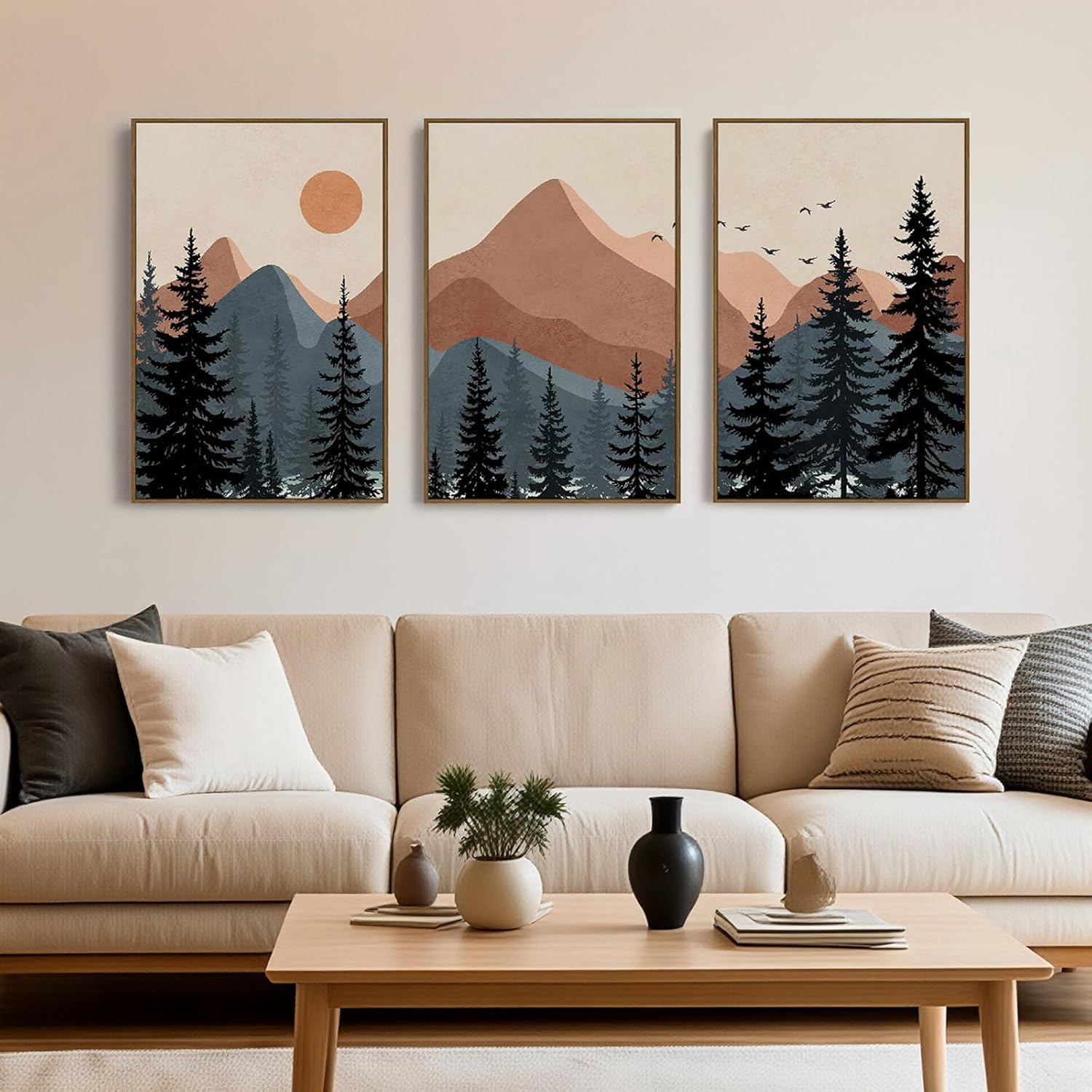 lianyibo Mid-Century Sunrise Sunrise Natural Landscape Theme Boho Wall Decorative Canvas Wall Decoration Black Pines Forest Home Decor (30x40cmx3/Inner Frame)