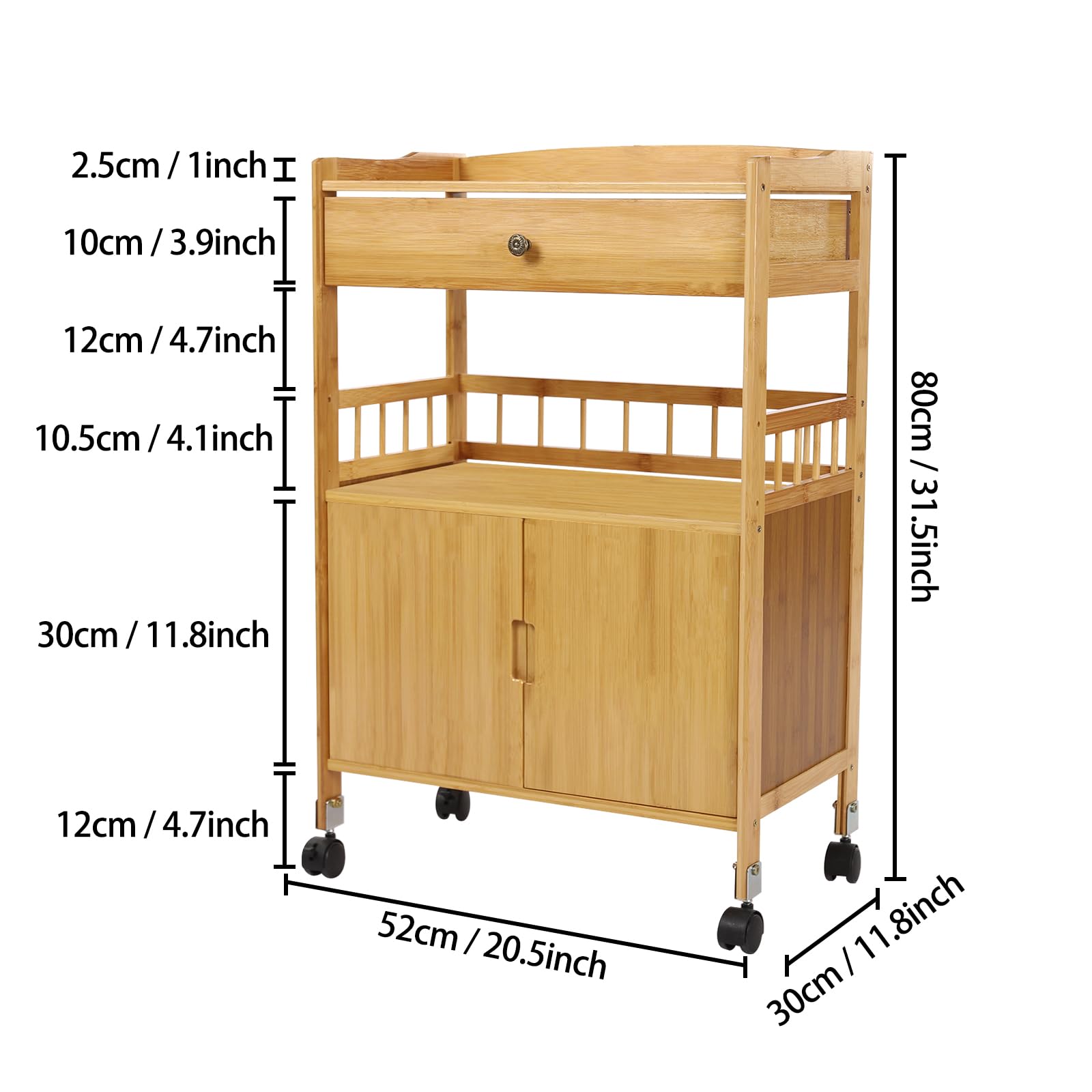 Carro de bambú con 4 ruedas, compartimento para armario, cesta, cajones, puerta de armario, carrito de cocina, carrito de servicio, carrito de baño, para almacenamiento, microondas, especias,
