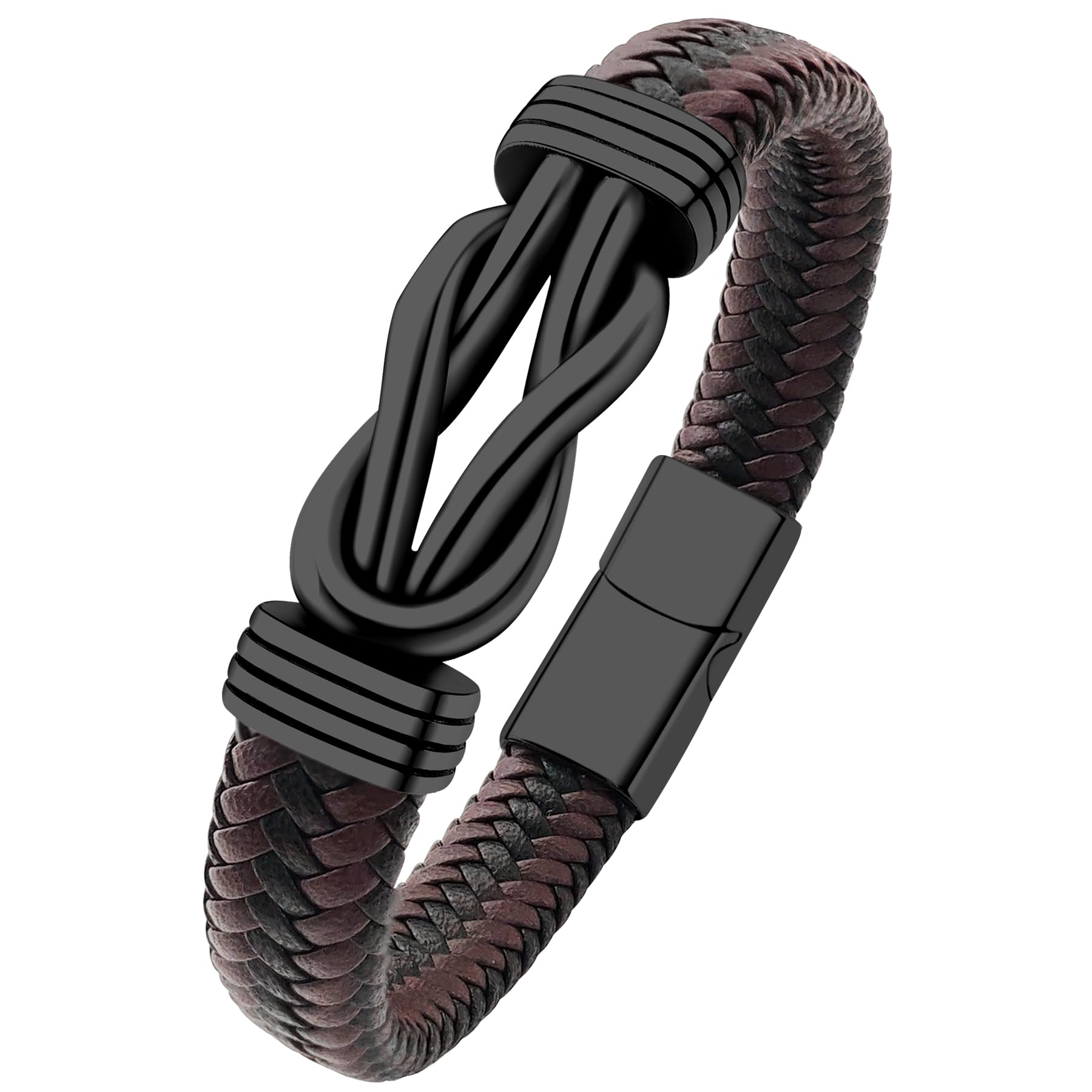 Oaldilee Mens Black Braided Leather Bracelet, Green/Red/Brown/Black Braided Leather Infinity Knot Bracelets for Men with Stainless Steel Clasp, 7.5/