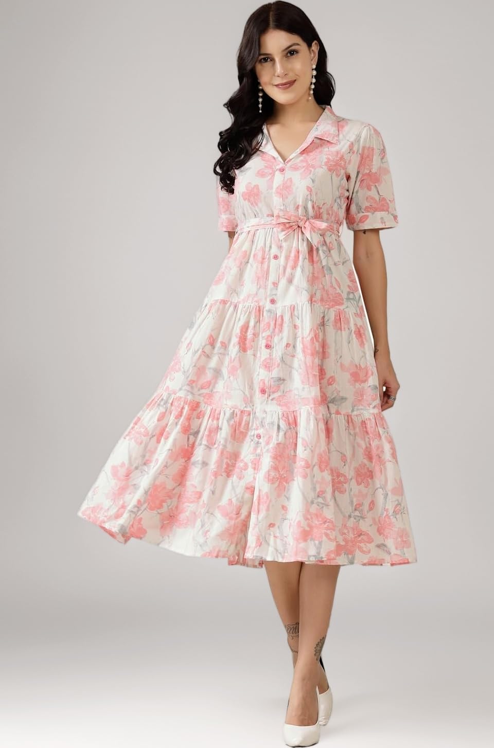 Women's Floral Printed Cotton Flared Dress