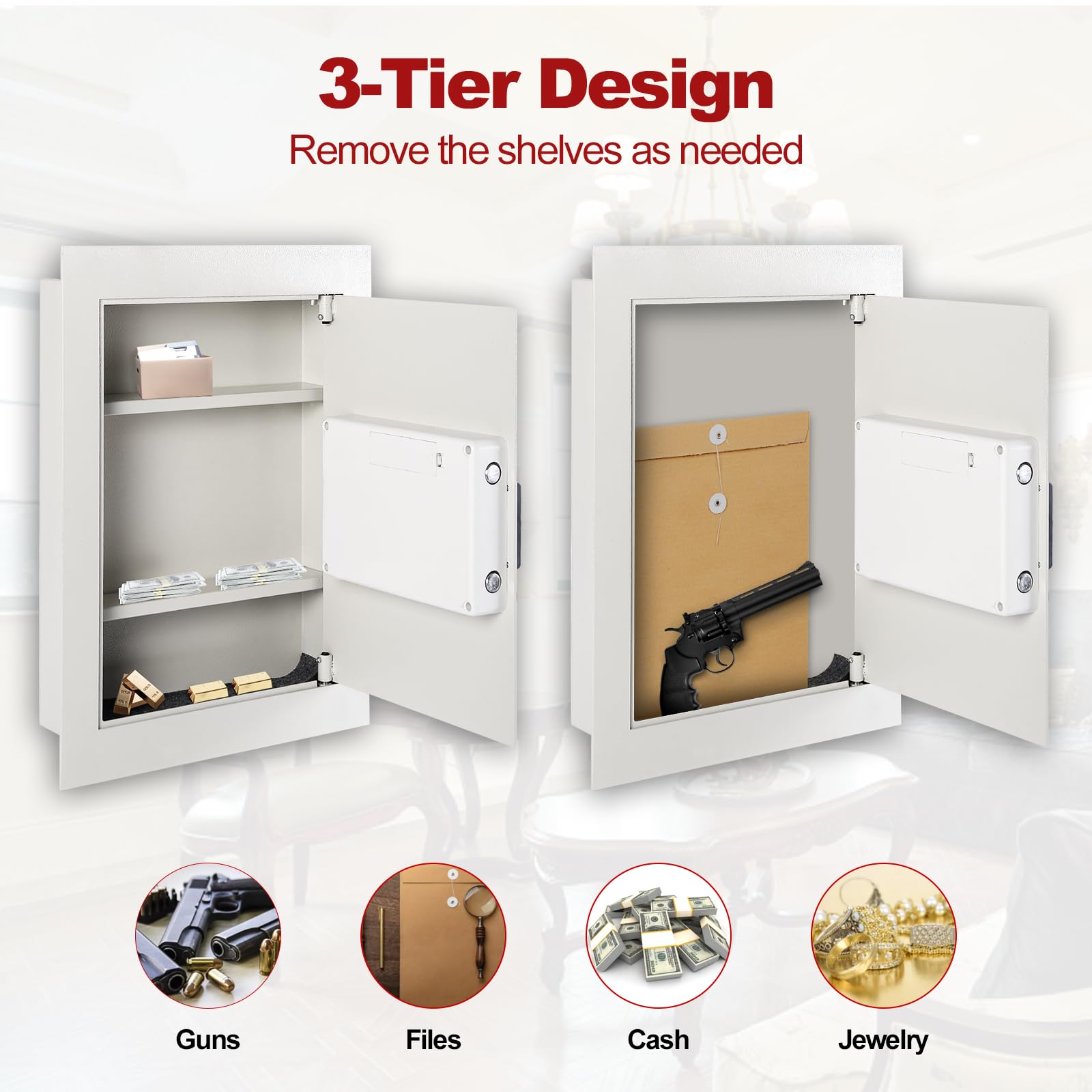 IRONMAX Caja fuerte de pared, empotrada y plana, caja de seguridad oculta con luces LED y cerradura electrónica digital, caja fuerte de 22 pulgadas para el hogar entre tachuelas para armas de fuego,