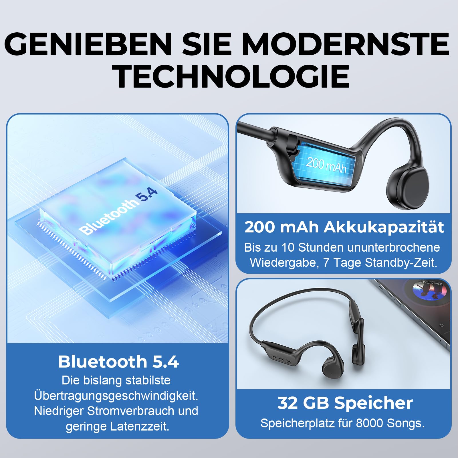 Knochenschall Kopfhörer, Kopfhörer Schwimmen, 32GB MP3 Sport Kopfhörer Bluetooth 5.4, IPX8 Wasserdicht, Open Ear Kopfhörer für Schwimmen Laufen, 10 Stunden Spielzeit