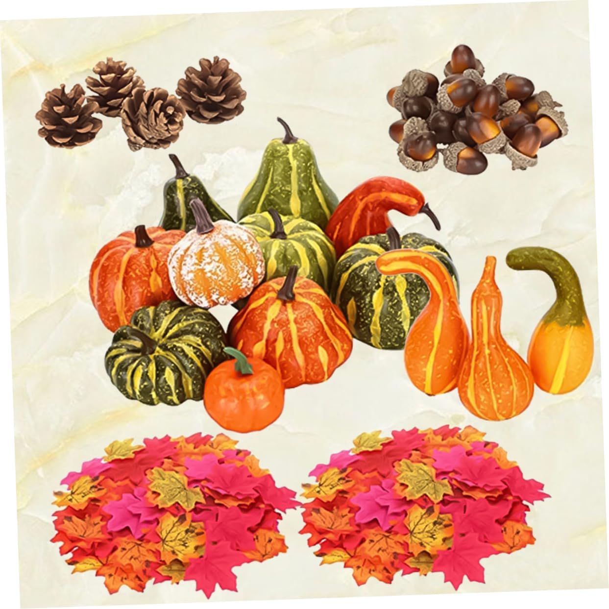 GARVALON 141pcs Artificial Pumpkin Acorn Decor Realistic Maple Leaf Props for Halloween Fall Table Display for Parties Home Ornaments Photo Props