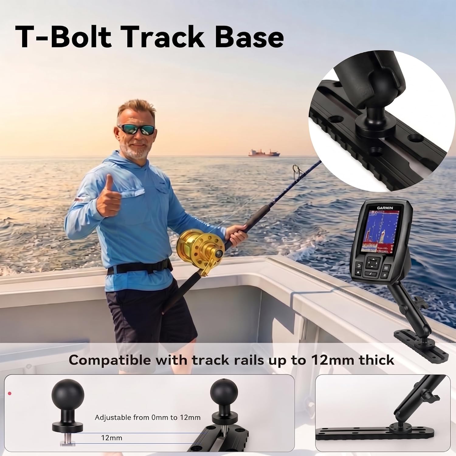 1" Ball Mount for Garmin Striker 4, Aluminum Electronic Mount with Double AMPS Round Plates&T-Bolt Track Base&Camera Mount, for Fish Finder/GPS Chartplotter, Kayak Boat Mount Kits Fit for RAM Systems