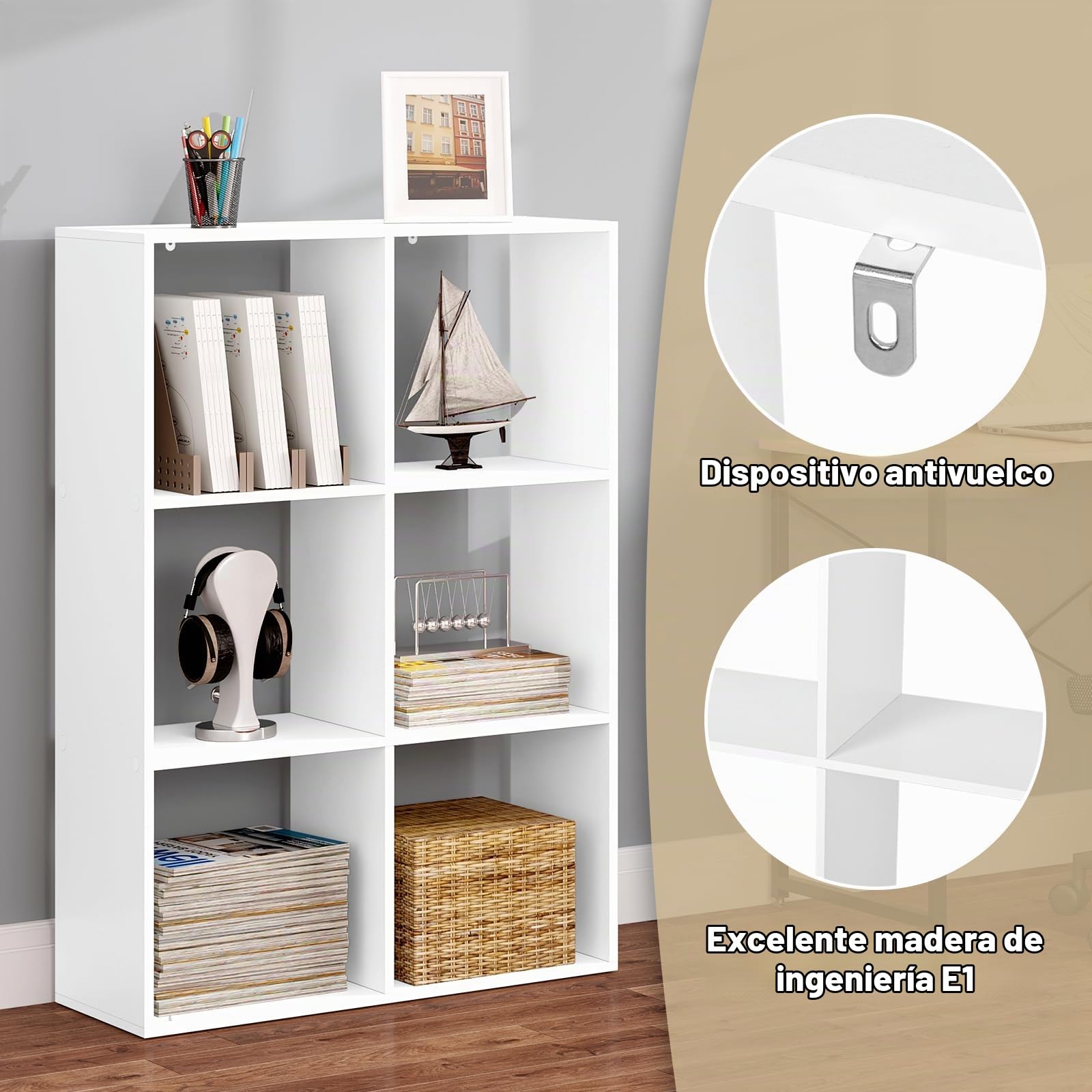 WOLTU Estanteria de Libros de 3 Niveles con 6 Cubos de Almacenamiento | para Salón, Dormitorio y Oficina, 71x29x106 cm, Blanca