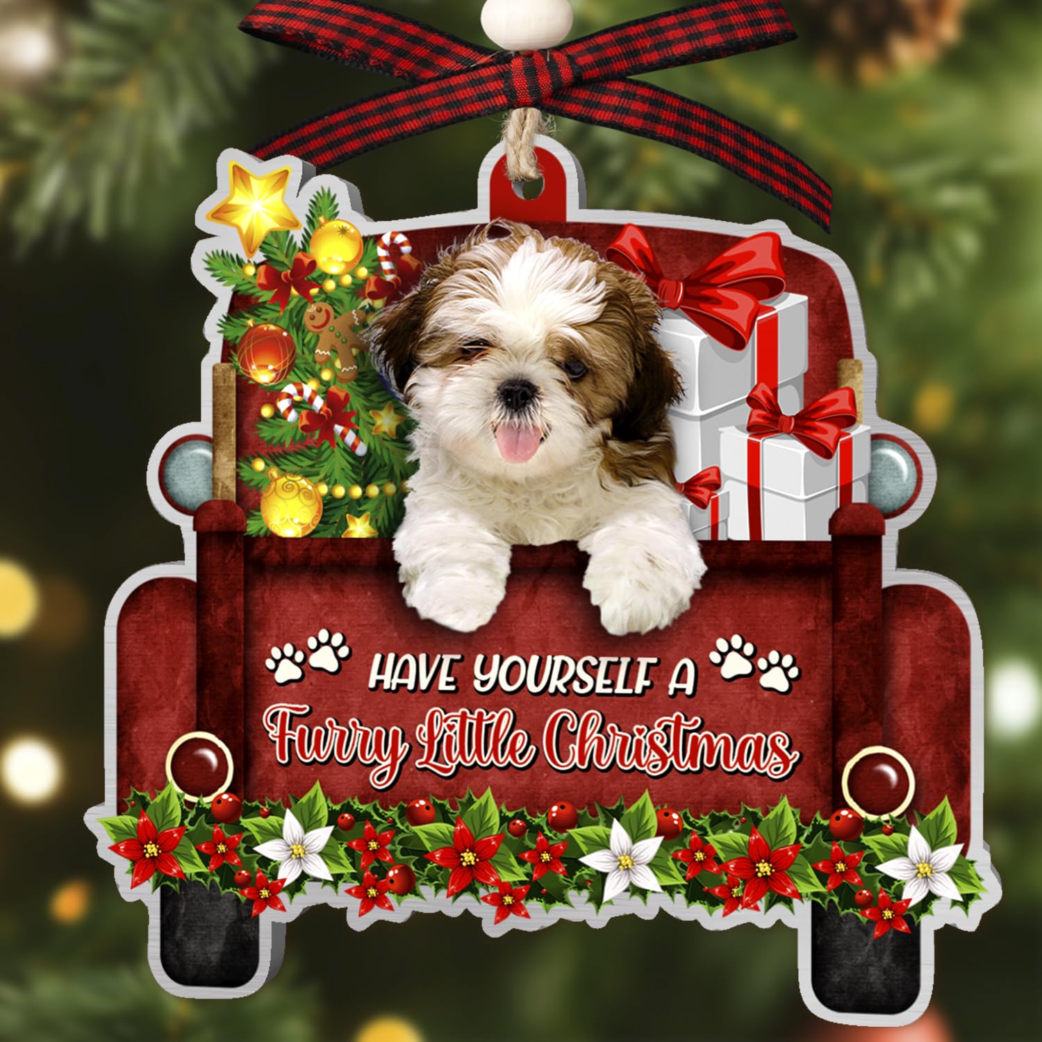 Couple Fox Shih Tzu Dog Ornaments Christmas Tree, Shih Tzu Red Truck Car Aluminum Ornament (NOT 3D), Christmas Decoration 2023 for Shih Tzu Lovers, Dog Mom, Dog Dad, Pet Lovers