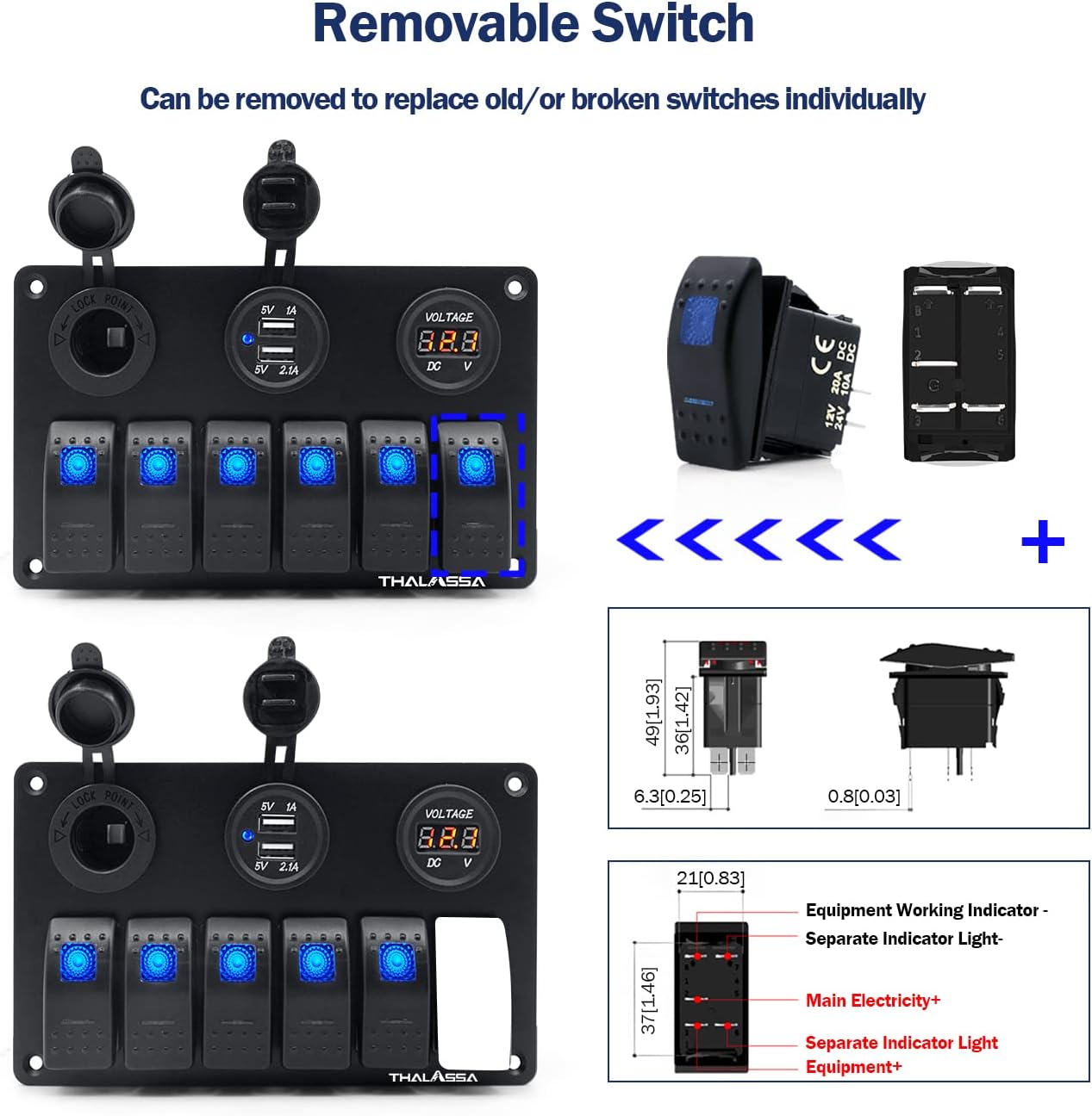 Grеаtеѕt Prоduсt 2/3/4/6 Gang Boat 12V Aluminium Rocker Switch Panel - Blue LED Lighted Control Switches, without Fuse, 5V Dual 2.1A USB Charger Socket, Digital Voltmeter for RV Truck Caravan Vehicles Off-Road Camper