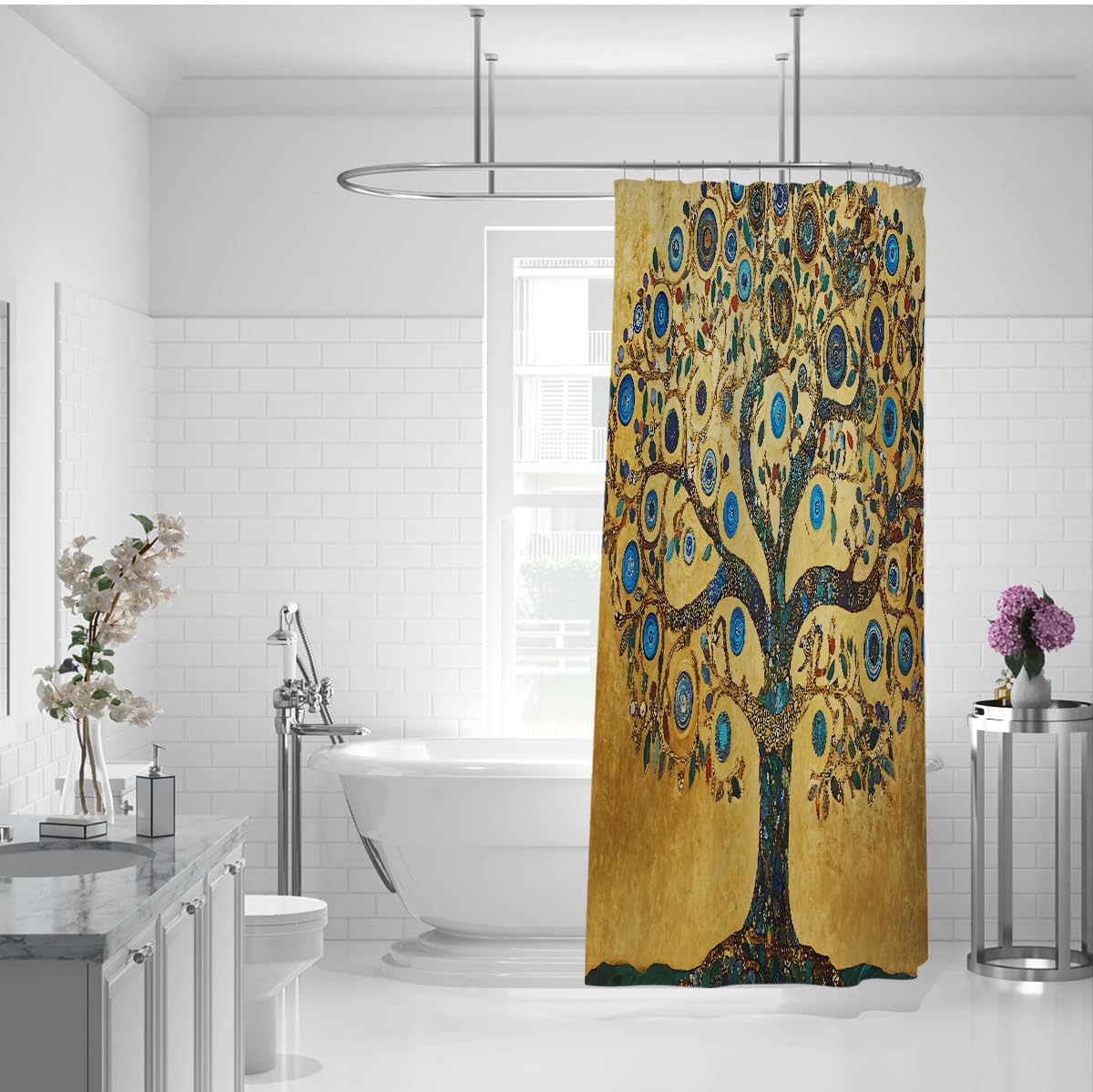 Exotischer Stil Duschvorhang Prächtiger Baum-des-Lebens-Muster Badezimmer-Duschvorhänge mit C-förmigen Haken Nassraum-Dekoration Waschbar 200 x 240 cm