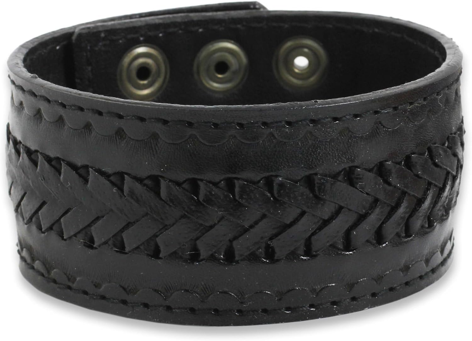 NOVICA Handmade Men's Leather Wristband Bracelet Brass Thailand [8.5 in min L x 9.75 in max L x 1.5 in W] 'Rugged Black'