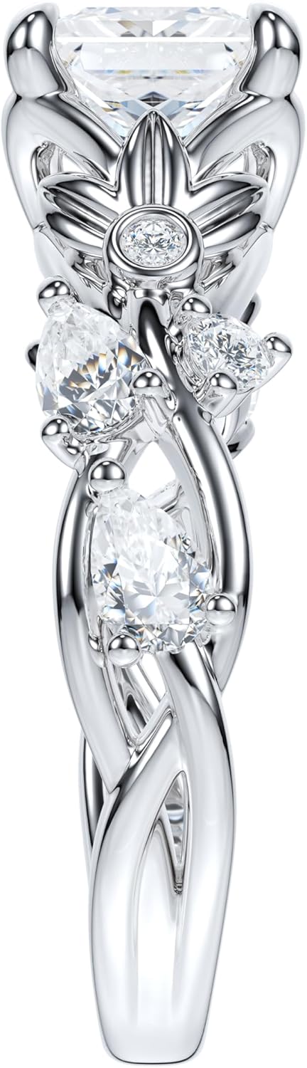 THELANDA Sterling Silver Genuine Moissanite Princess Cut Engagement Ring 5.5mm Center Nature Inspired Twisted Vine Floral Design Bridal Promise Ring for Women