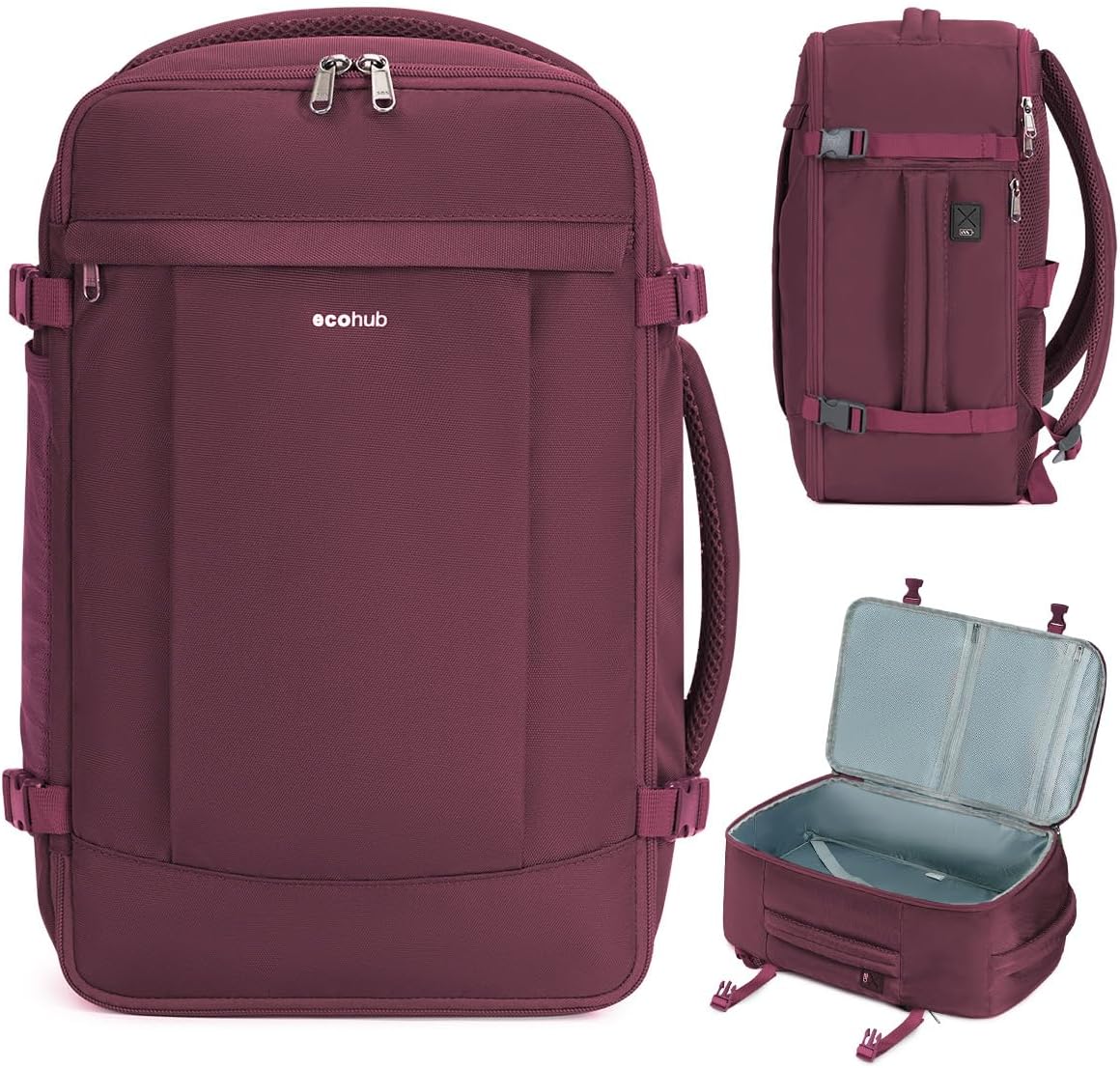 ECOHUB Sac a Dos Voyage Cabine Avion 45x36x20 pour Easyjet Bagage Cabine avec 3 Poches Zippées Cachées Bagage à Main femme Sac à Dos pour Ordinateur 15.6 Pouces, Sac Cabine sous Siège, Rouge, 30L