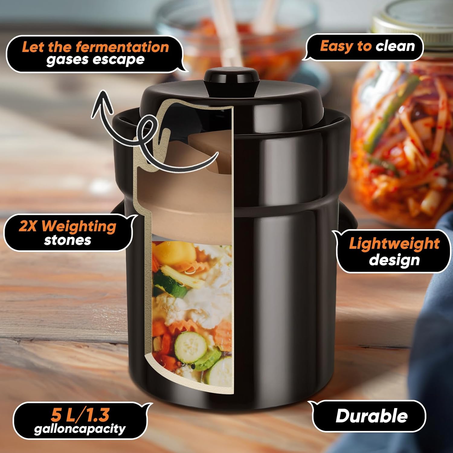 Fermentation Crock 5 Liter / 1.3 Gallon, Sauerkraut Crock with Lid, Weights & Pounder - Ceramic Fermenting Crock Kit for Pickling Cabbage Kimchi Pickle Vegetables- Sauerkraut Fermentation Crock. - Image 2