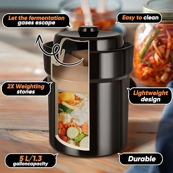 Fermentation Crock 5 Liter / 1.3 Gallon, Sauerkraut Crock with Lid, Weights & Pounder - Ceramic Fermenting Crock Kit for Pickling Cabbage Kimchi Pickle Vegetables- Sauerkraut Fermentation Crock.