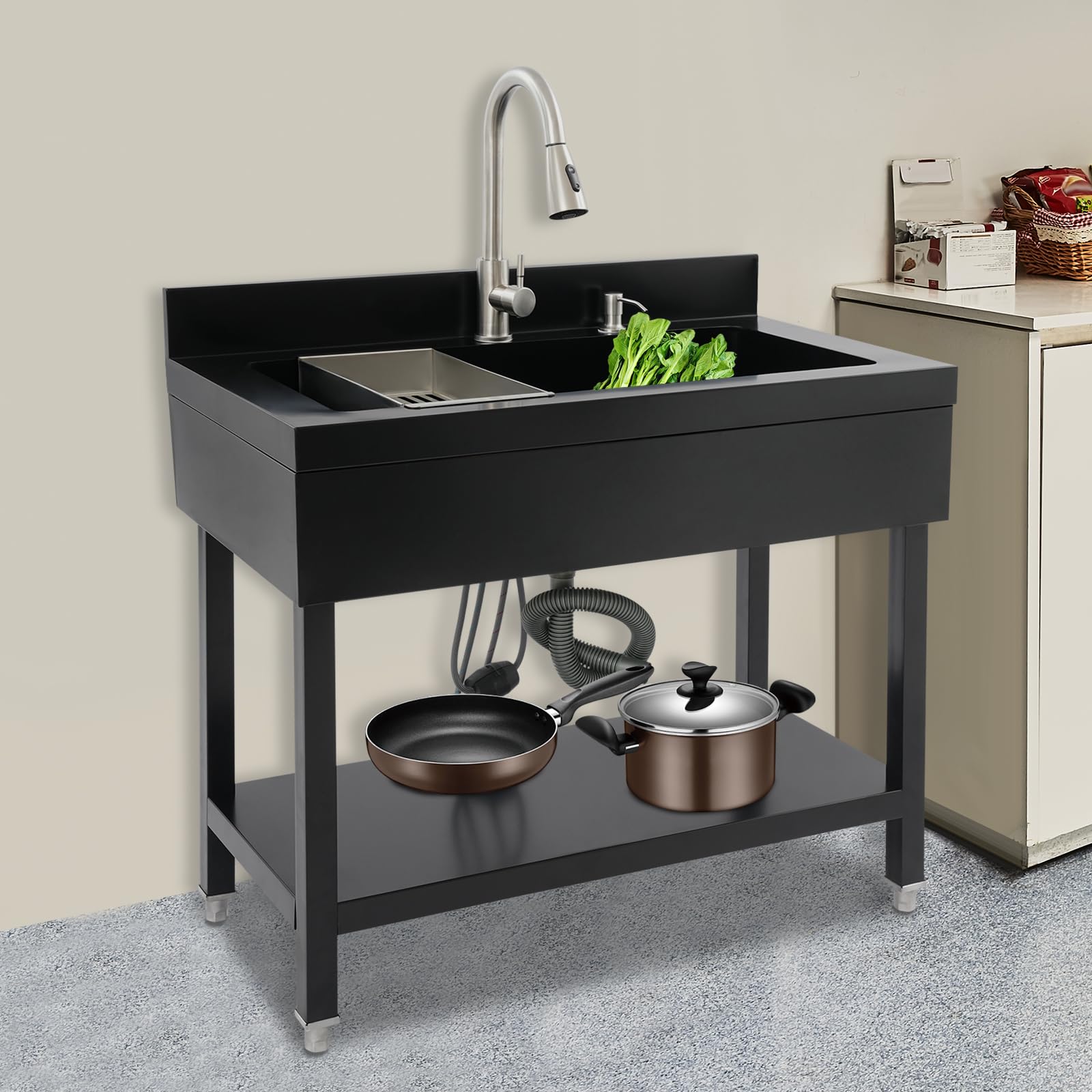 Fregadero de cocina independiente de acero inoxidable, 90 x 60 x 90 cm, fregadero individual extragrande, fregadero comercial con grifo extraíble y escurridor para lavandería, restaurantes (negro)