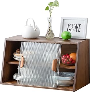 HollyHOME Small Bamboo Kitchen Pantry Sideboard with 2 Sliding Striped G...