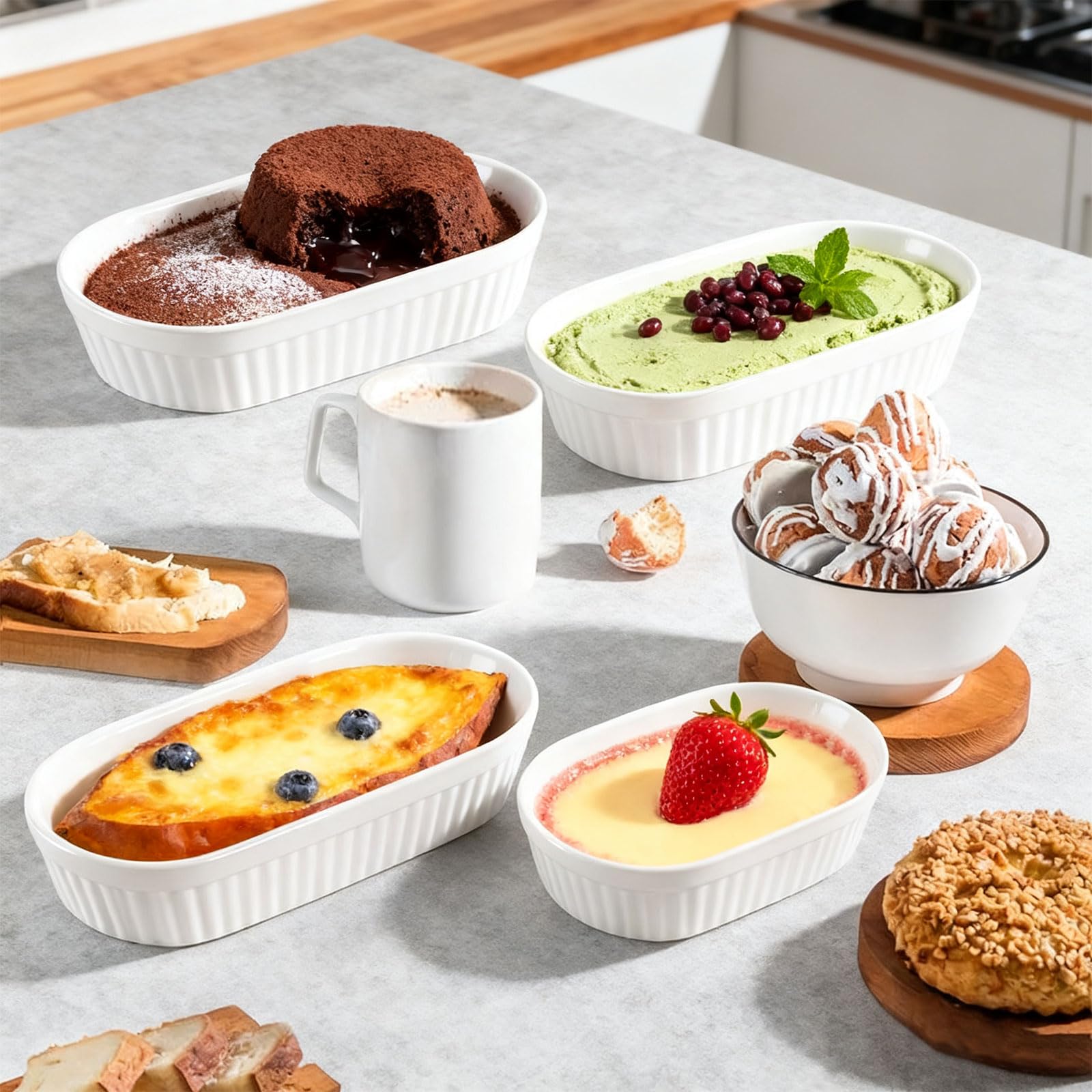 Ciotoline per crème brûlée, 6x forma per sformati in ceramica piccola, 16 * 8 * 3 cm, ciotole per soufflé per dessert, muffin, paste, mini forma per sformati per forno, microonde