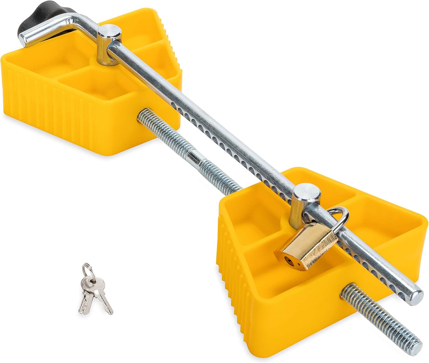 Camco Small RV Wheel Stop with Lock - Stabilizes Your Trailer - Compatibile with Tires with a 26" to 30" Diameter & 1 ½" to 3 ½" Tire Spacing (44653), Yellow