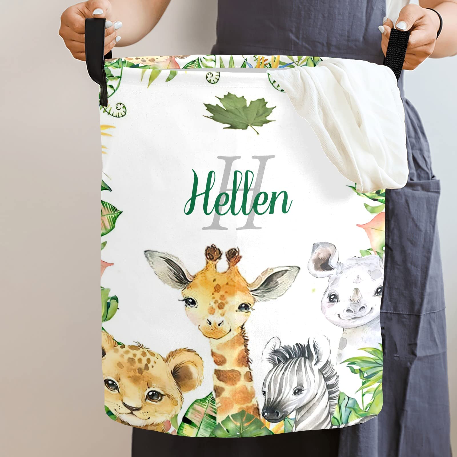 WOWPersonalTailor Cartoon Jungle Animal Laundry Hamper Basket Custom Name Collapsible Storage Bin Waterproof Clothes Room Decor Dirty Baskets for Gift, 19.69''(height) x 14.17''(diameter)