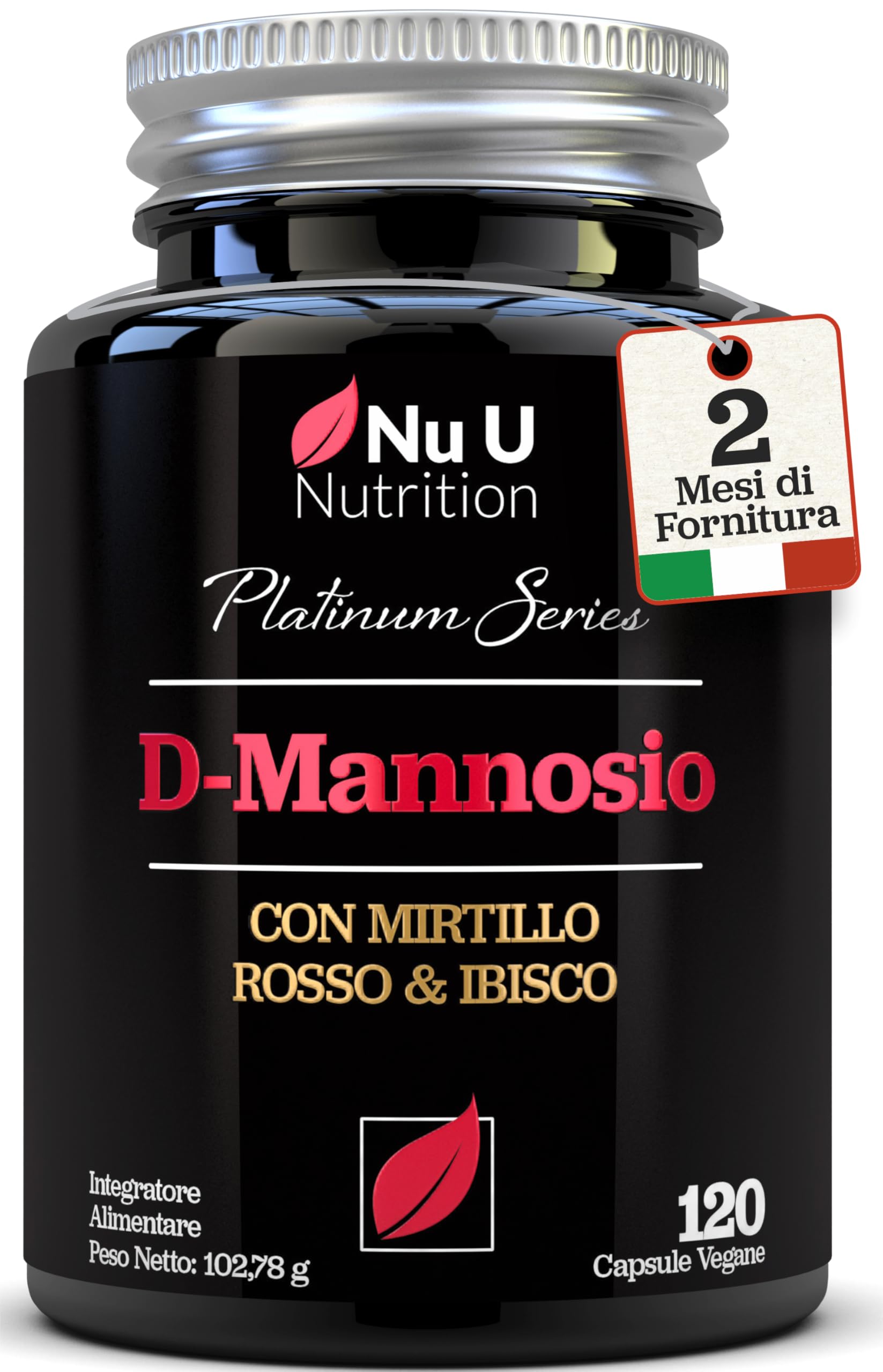 D-Mannosio Puro - 120 Capsule Vegane - Complesso 3 in 1 con Estratti di Mirtillo Rosso e Ibisco - Supporto Naturale per le Donne - Prodotto in Europa - Nu U Nutrition
