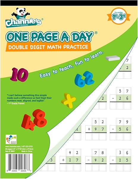 Channies One Page A Day Double Digit Math Problem Workbook for 1st Graders, 2nd Graders, and 3rd Grade Simply Tear Off O