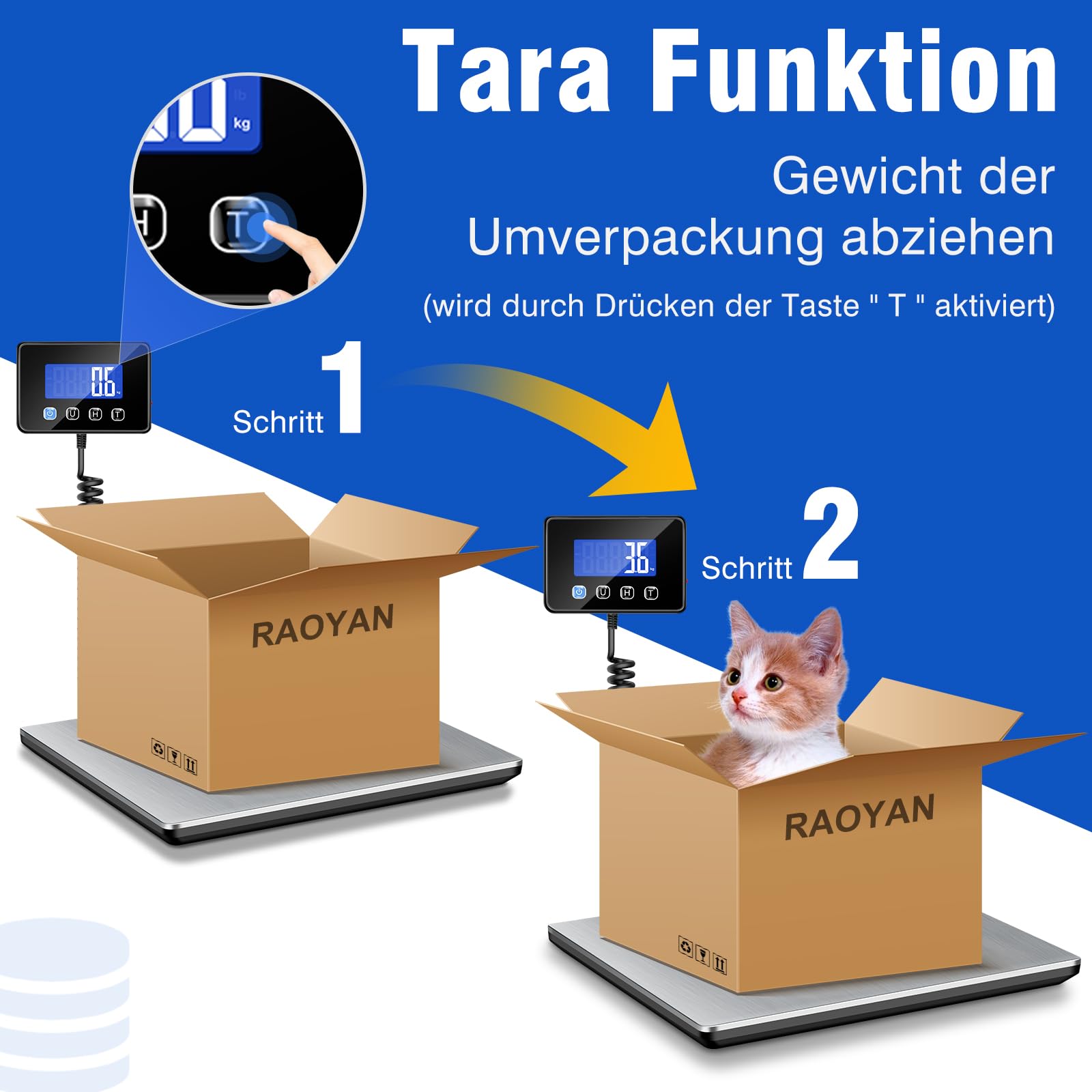 Paketwaage 300kg Plattformwaage 20g Genauigkeit LCD Hold Tara Funktion Batterien Typ-C