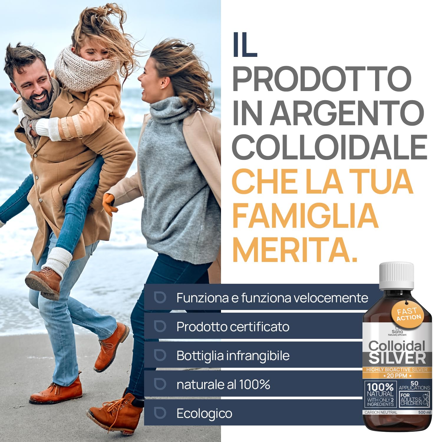 Argento Colloidale Puro 500ml 20 PPM | Per la famiglia & gli Animali (Cani, Gatti) | 100% Naturale : Certificato Cosmos Natural | Carbon Neutral