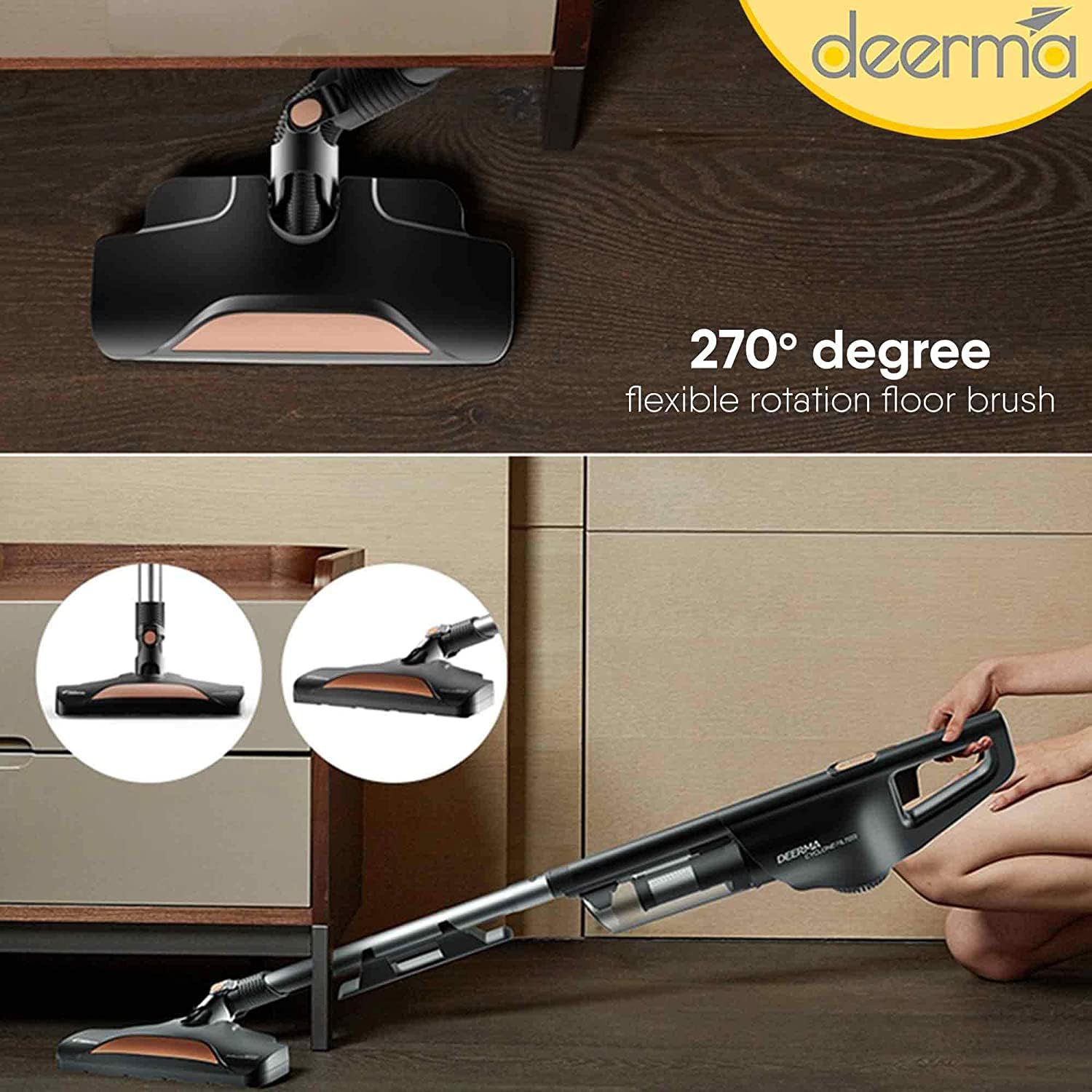 The 270-degree flexible rotation floor brush of the Deerma DX600, shown cleaning under furniture.