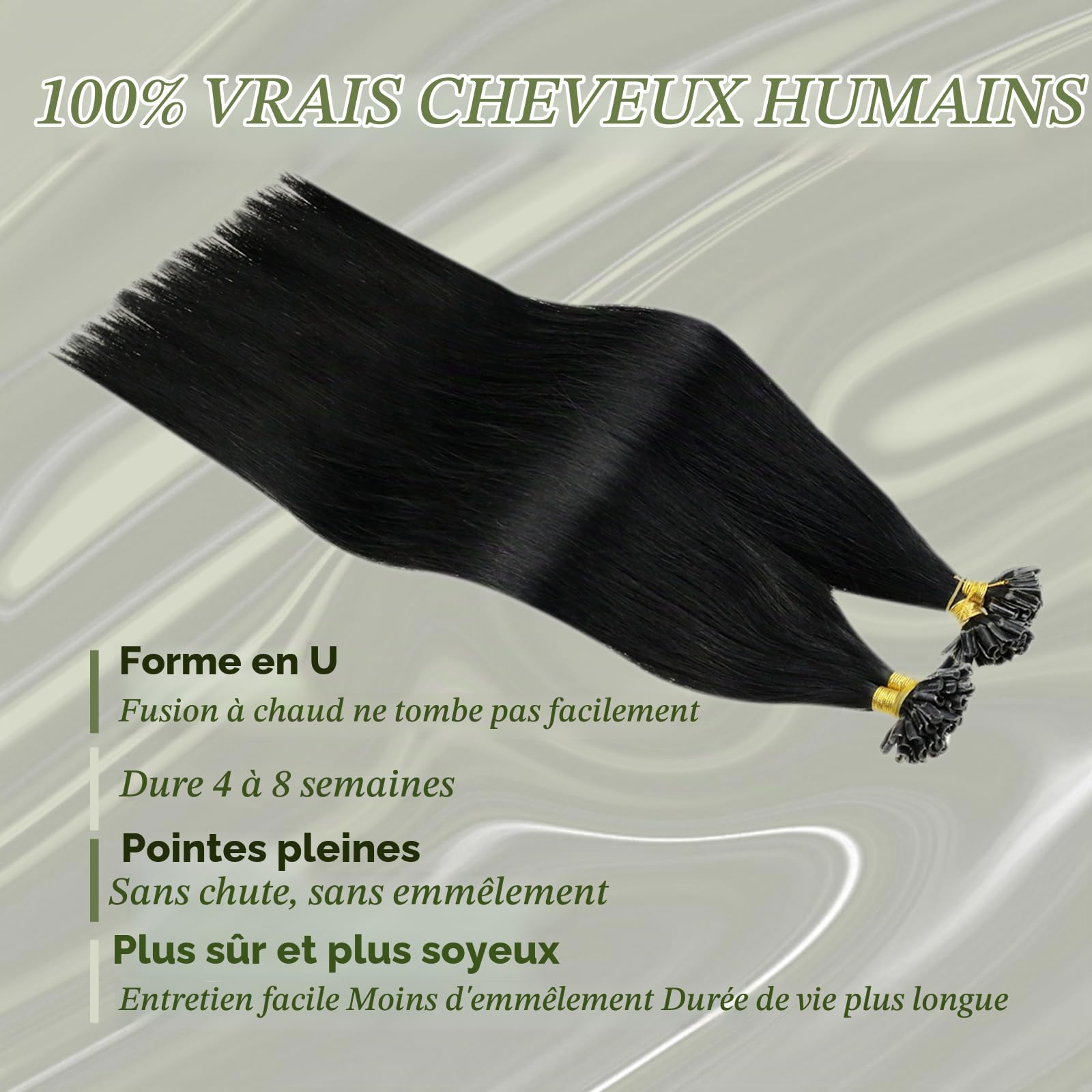 RUNATURE Extension Cheveux Naturel Keratine Noir de Jais 55cm 50s 50g #