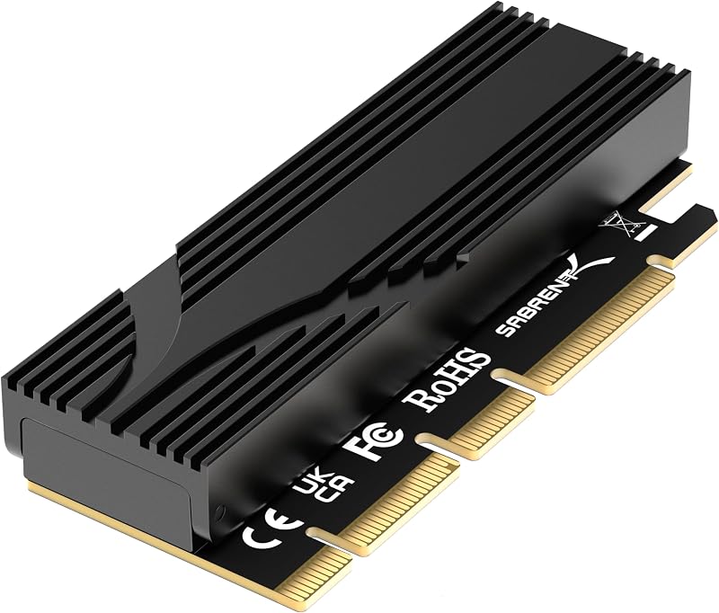 M.2 NVMe SSD to PCIe x16 Adapter Card, Gen5, Heatsink | Tool-free add-in card; aluminum heatsink; Gen5 compatible; backwards compatible