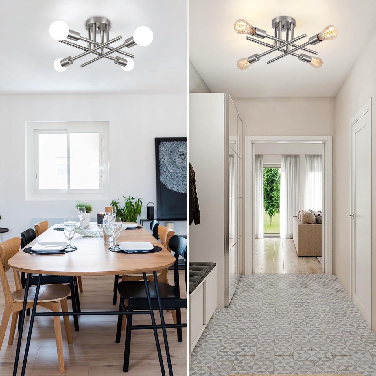 MRHYSWD Plafoniera Argento, Lampada da soffitto Vintage per Soggiorno Camera da letto Cucina Corridoio, Lampadario Industriale a 4 Luci Plafoniera Moderna con Attacco E27 (Senza Lampadine)