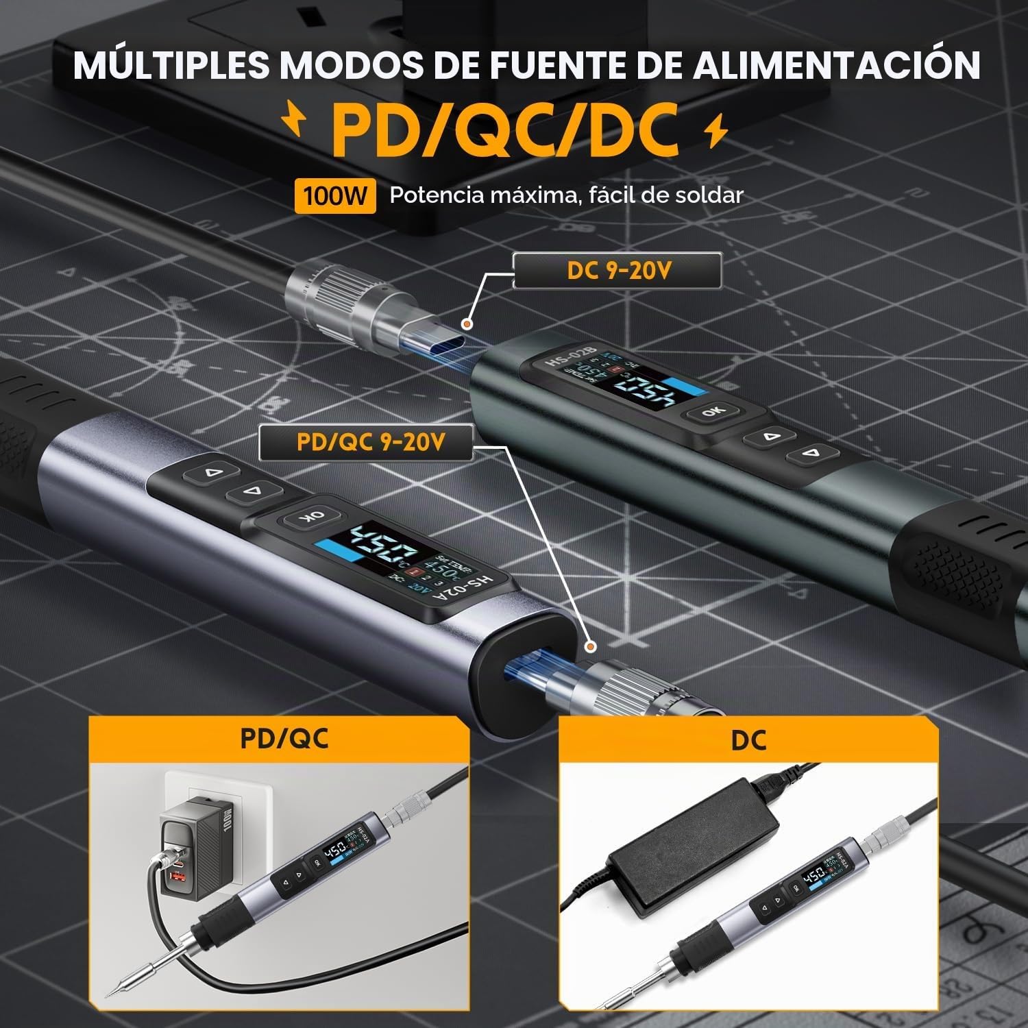 Kit Soldador Eléctrico 100W Mini Soldador Fuente de Alimentación PD/QC/DC 9-20V Calentamiento Rápido 6 Cabezales de Soldadura para Reparación de Electrónica de Precisión HS-02A