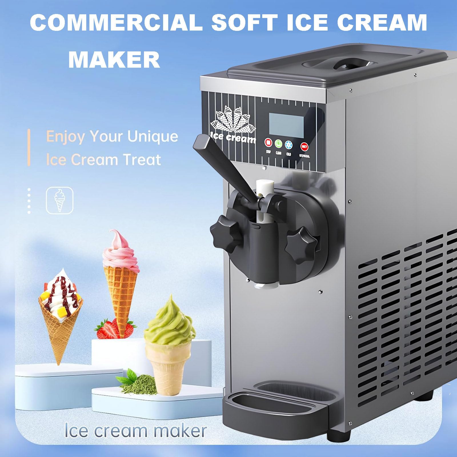 Machine à Glace Professionnelle, 4-5 kg/h, Machine à Glace à l'italienne avec trémie de 2 L et cylindres de 1 L, autonettoyage, écran Tactile LCD pour Snacks, Restaurants et Bars.