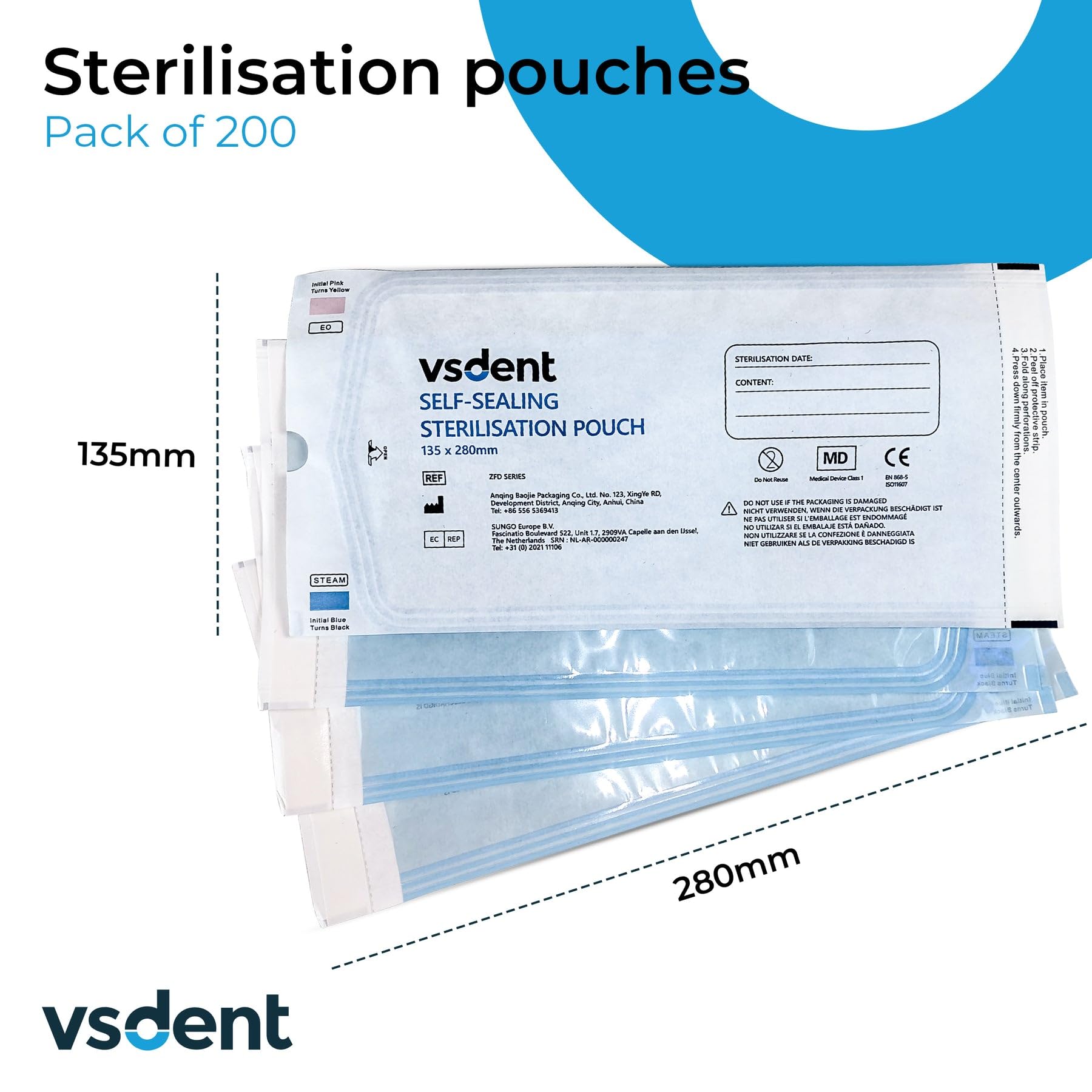 Sacchetti per autosterilizzazione, 135 x 280 mm, confezione da 200