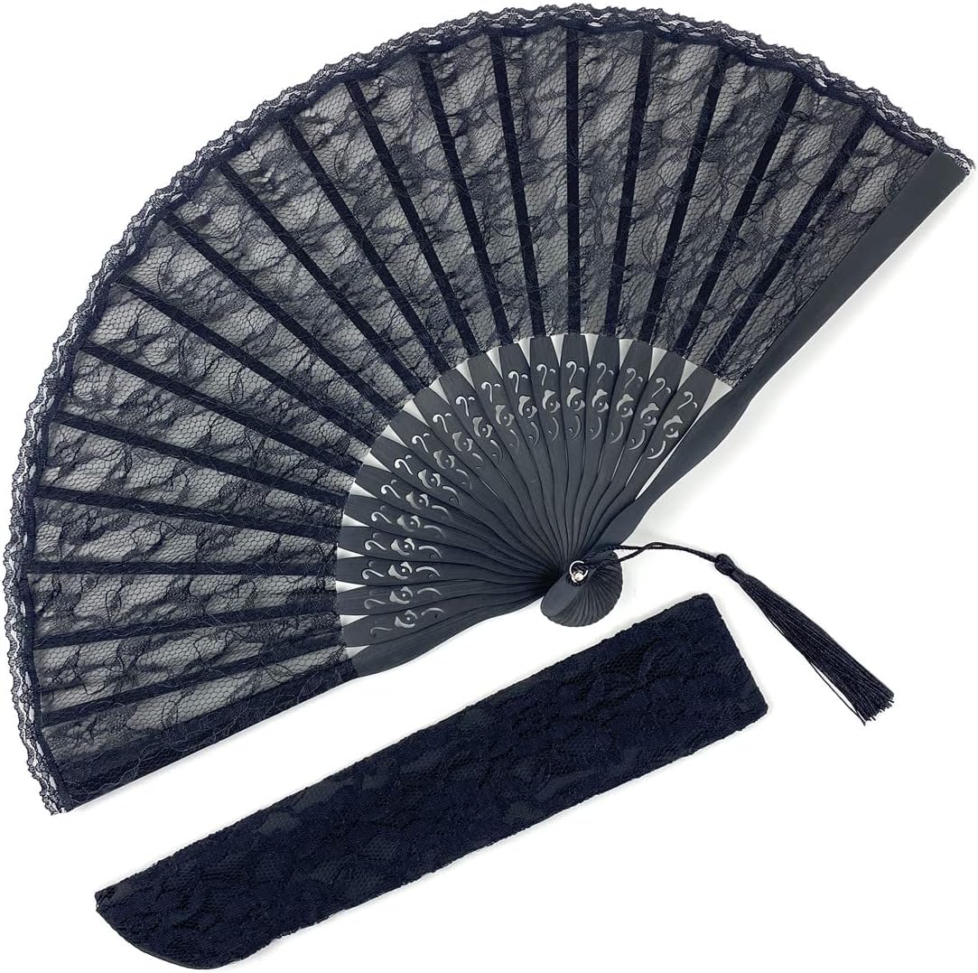 Eastern Wind Black lace hand folding fan, handheld foldable rave fan 8.5in