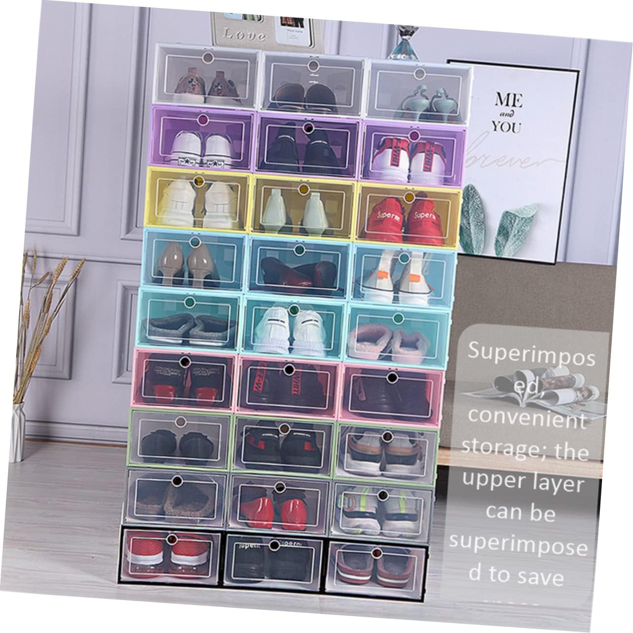 SOLUSTRE 6pcs Stackable Shoes Box Organizer Lid Drawer Type Dustproof Shoe Storage Container for Home Closet