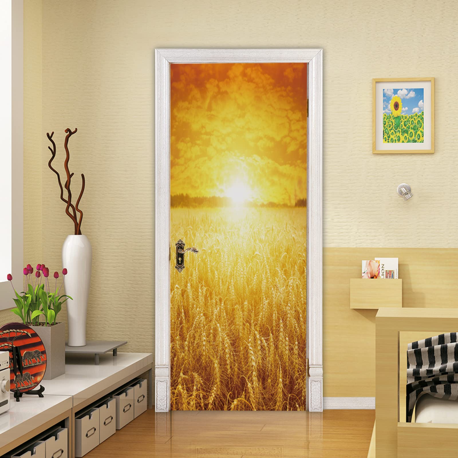 Naklejka na drzwi, samoprzylepna tapeta na drzwi, efekt 3D, tapeta, folia na drzwi, plakat, tapeta, PCW, wodoodporna, usuwalna tapeta, złota, pszeniczna, 37 x 215 cm, dla dzieci